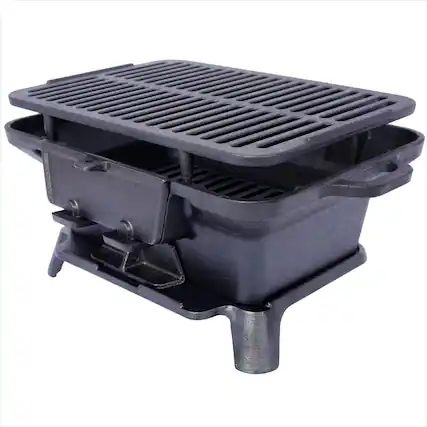 Front. MOOSOO - Cast Iron Charcoal Grill with Double-Sided Grate, Portable Outdoor BBQ Grill, Compact Tabletop Grill Stove - Black.