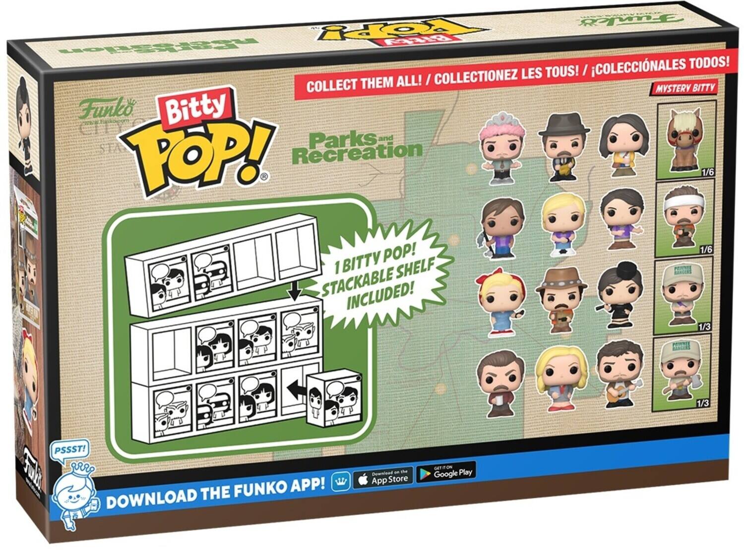 Funko Pop! Bitty POP! COLLECTIONES TODOS! LES TOUS! / THEM ALL! I COLLECT MYSTERY BITTY Funko.com CLL Parks and Recreation TOP! 1/6 1/6 1 BITTY SHELF PETE STACKABLE INCLUDED! 1/3 TANGERS 1/3 PSSST! g FUNKO APP! DOWNLOAD THE App Store GETON Google Play