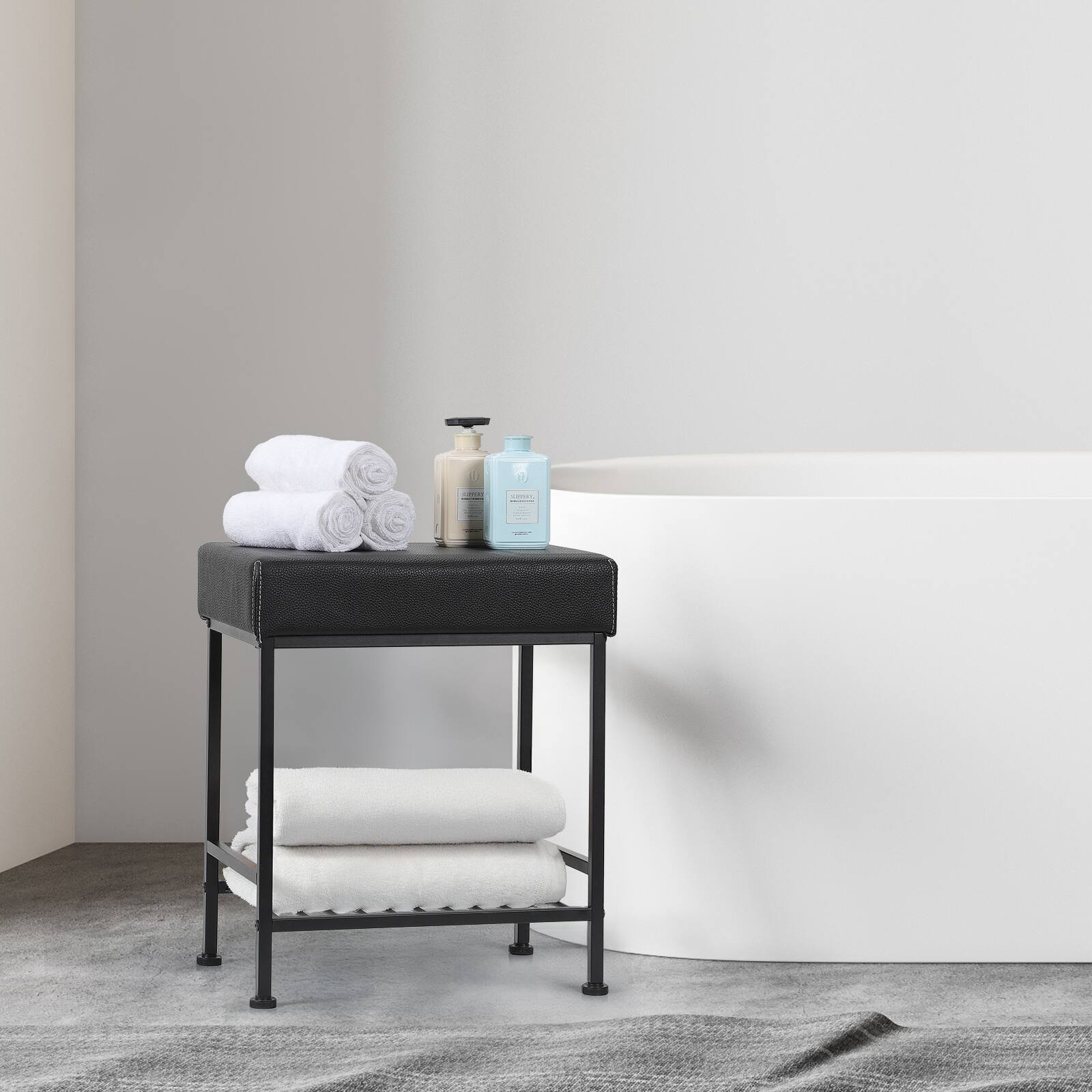 Alt View 2. Oumilen - PU Padded Entryway Shoe Bench with Metal Frame & Lower Shoe Rack, Black - Black.