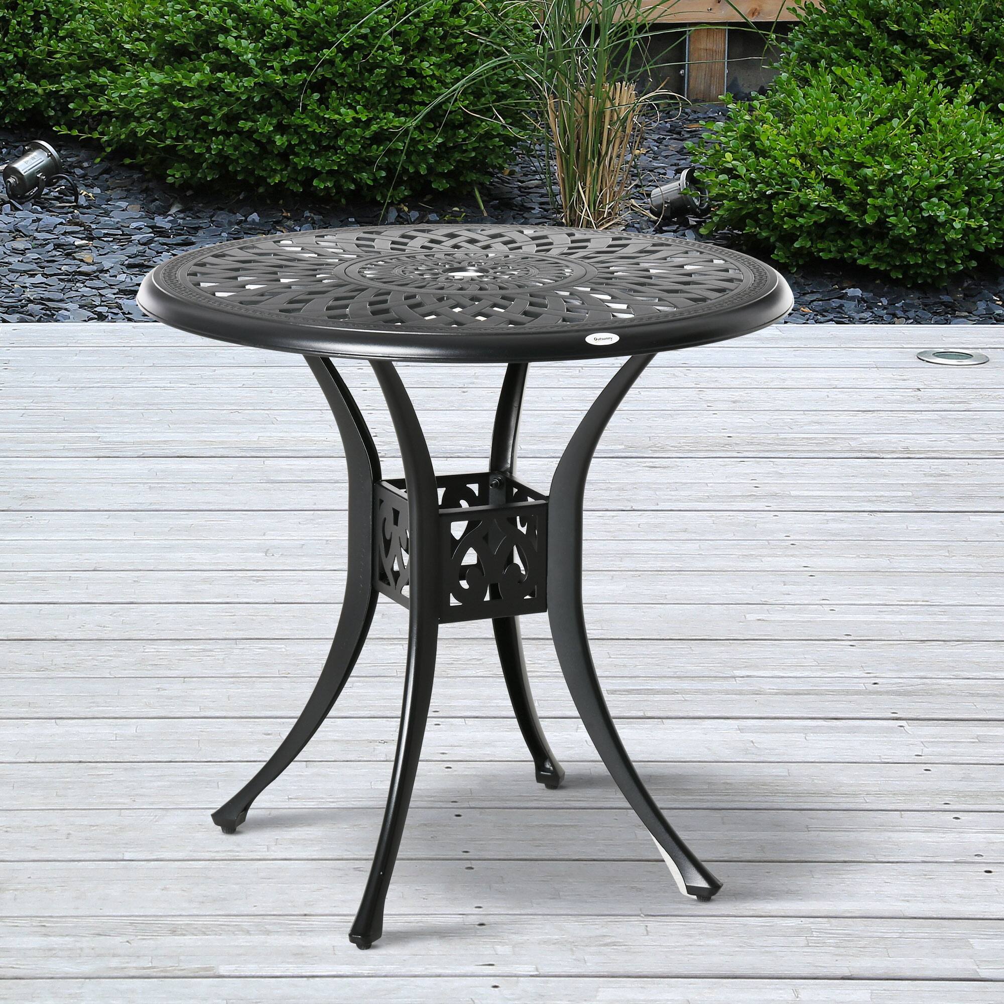 Alt View 1. Outsunny - 30" Round Patio Dining Table with Umbrella Hole, Antique Cast Aluminum Outdoor Bistro Table Only - Black.