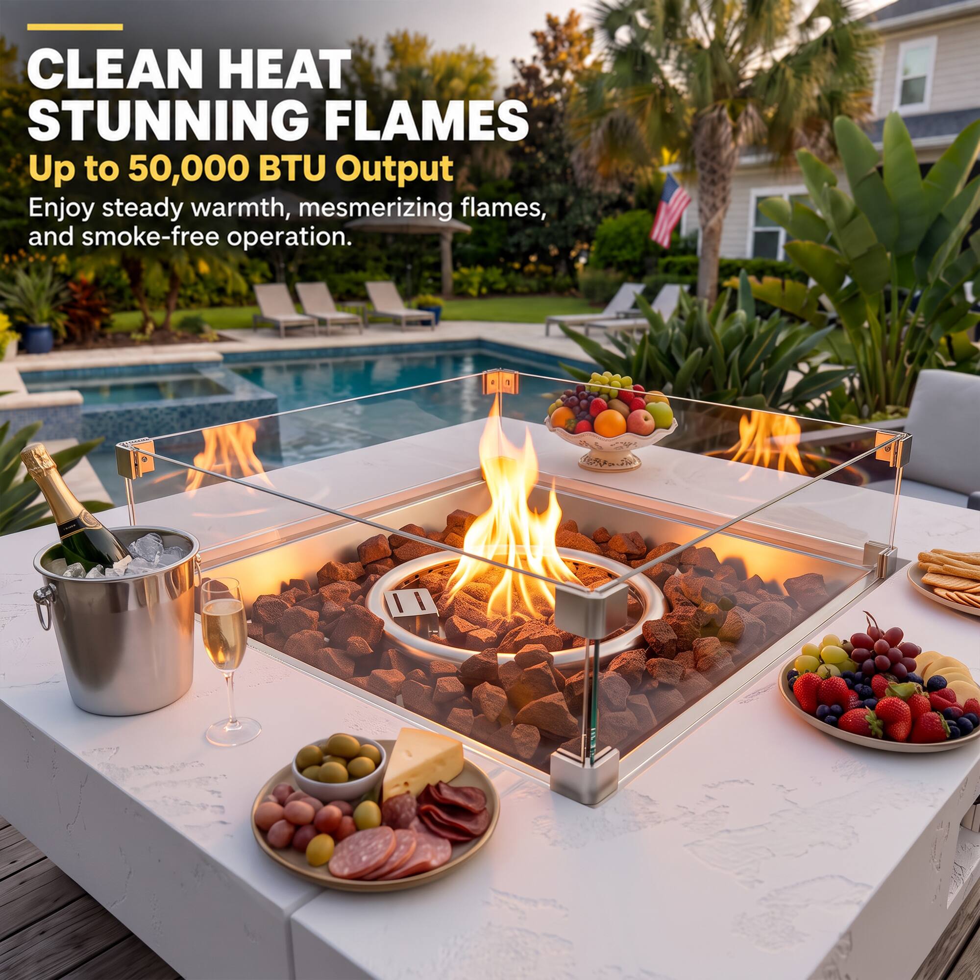 CLEAN HEAT  
STUNNING FLAMES  
Up to 50,000 BTU Output  
Enjoy steady warmth, mesmerizing flames, and smoke-free operation.