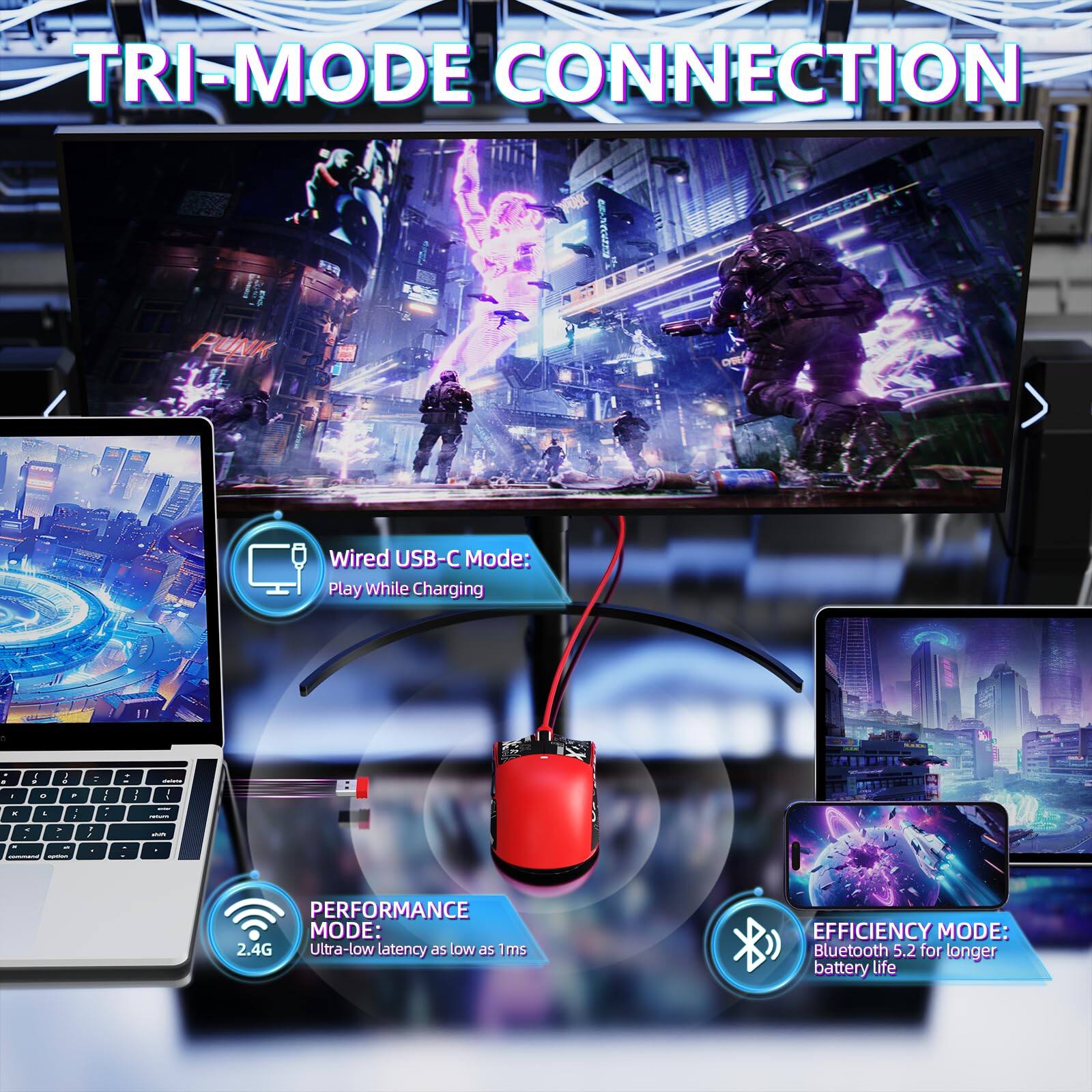 TRI-MODE CONNECTION

- Wired USB-C Mode: Play While Charging
- PERFORMANCE MODE: 2.4G Ultra-low latency as low as 1ms
- EFFICIENCY MODE: Bluetooth 5.2 for longer battery life