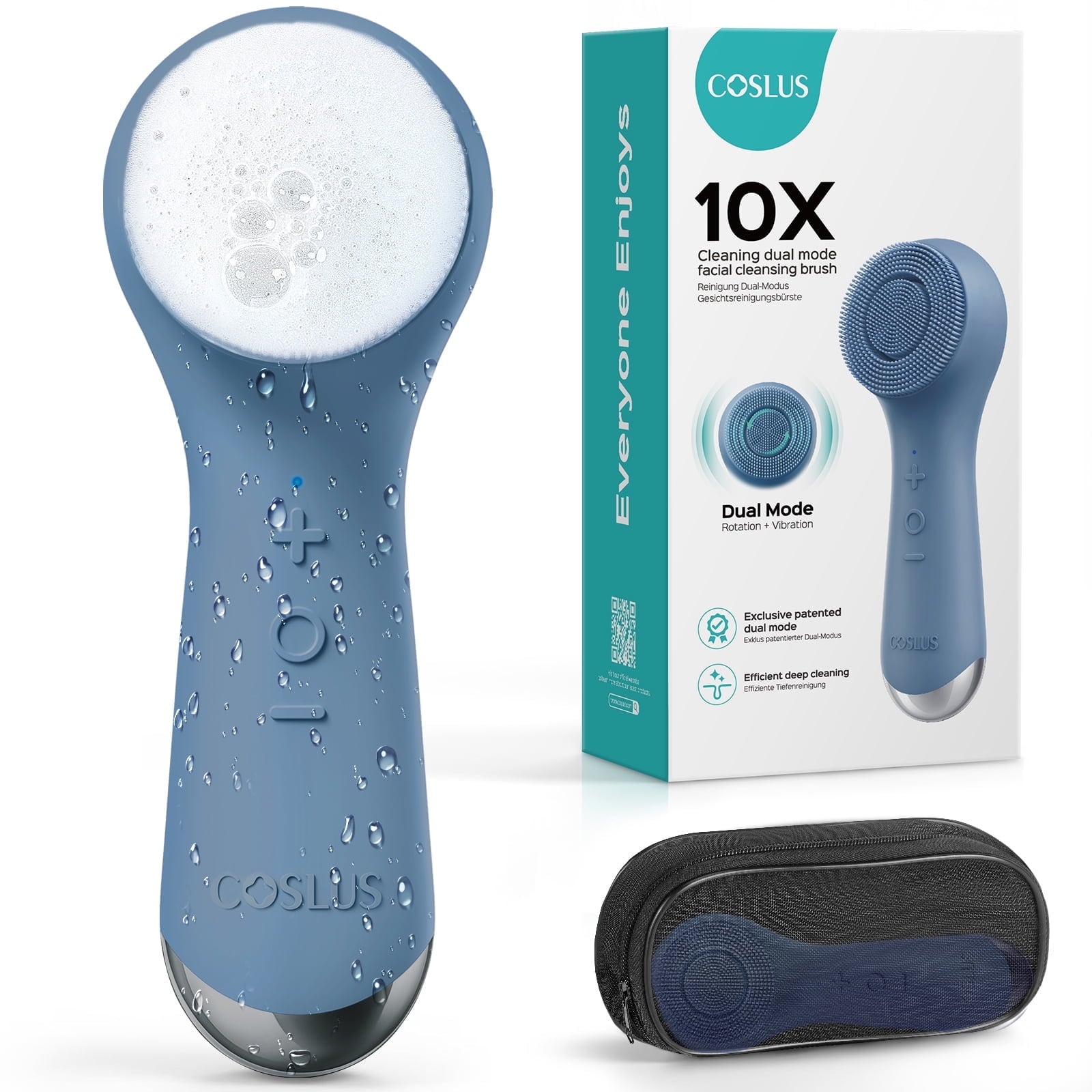 COSLUS 10X facial cleaning dual mode brush  
Reinigung Dual-Modus Gesichtsreinigungsbrust  
Everyone Dual - Mode Vibration Rotation  
Exclusive patented dual mode  
Efficient deep cleaning