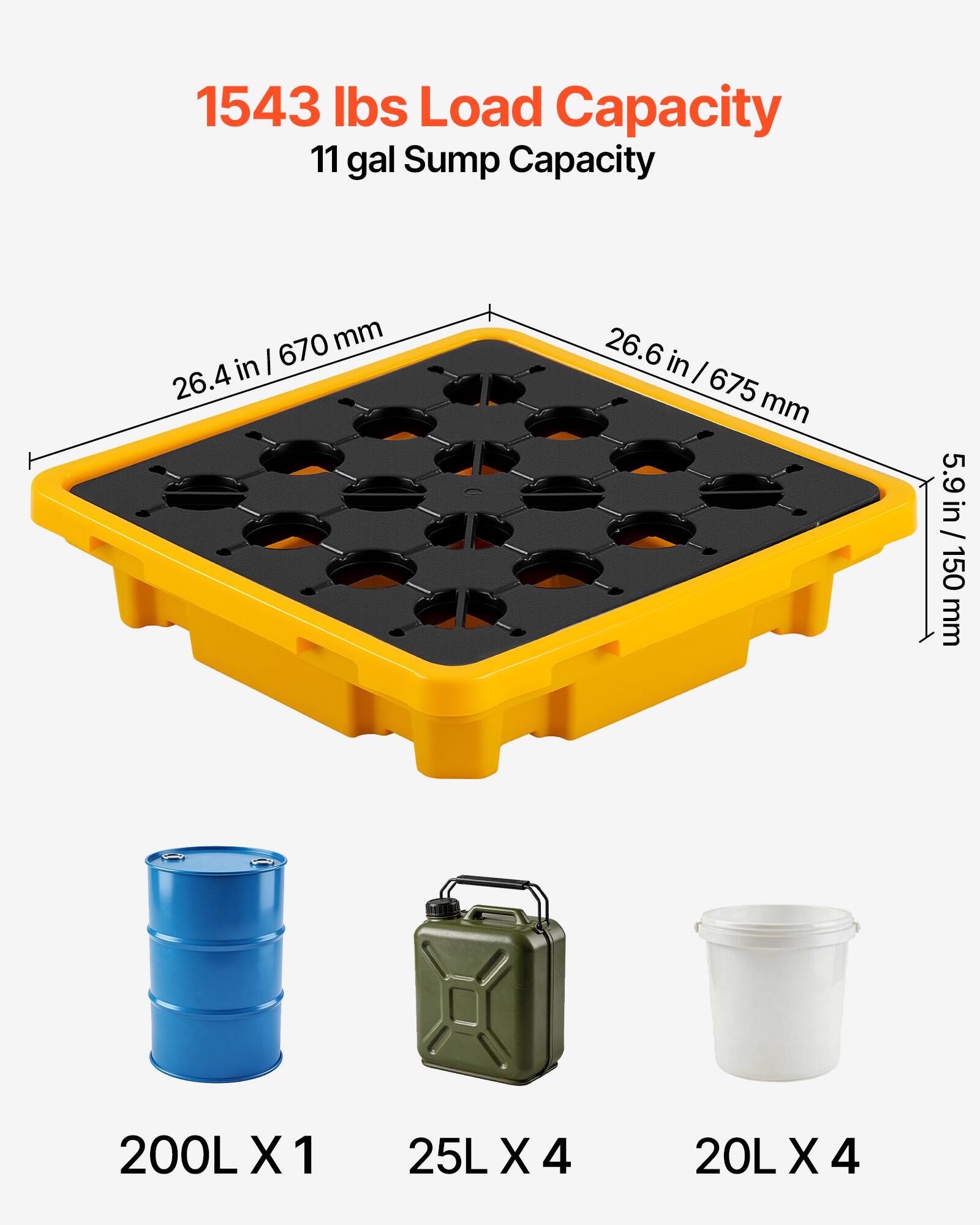 1543 lbs Load Capacity  
11 gal Sump Capacity  
26.4 in / 670 mm  
26.6 in / 675 mm  
5.9 in / 150 mm  
200L X 1  
25L X 4  
20L X 4