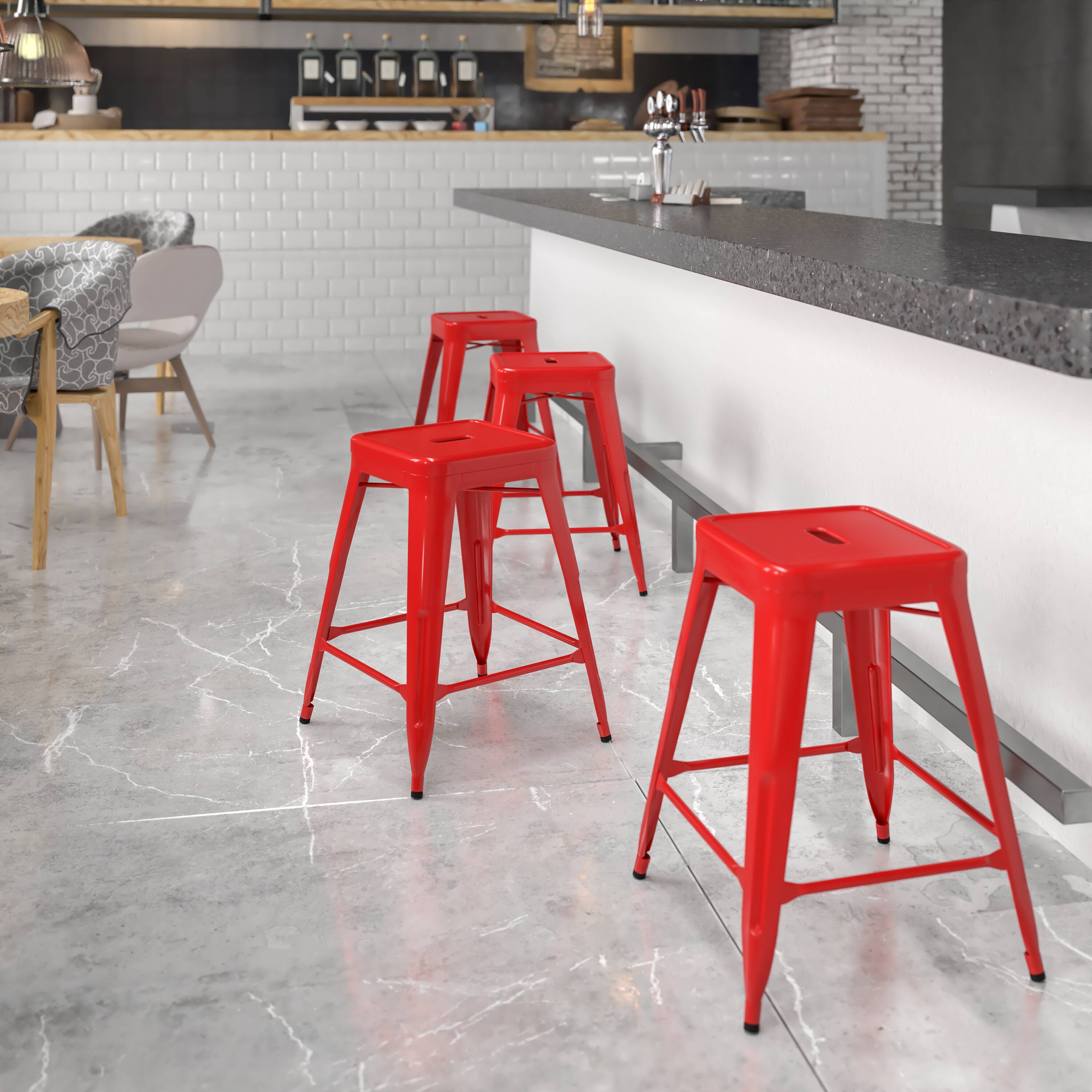 Alt View 1. Emma + Oliver - Commercial Grade 24"H Backless Metal Indoor-Outdoor Counter Stool w/ Square Seat - Red.