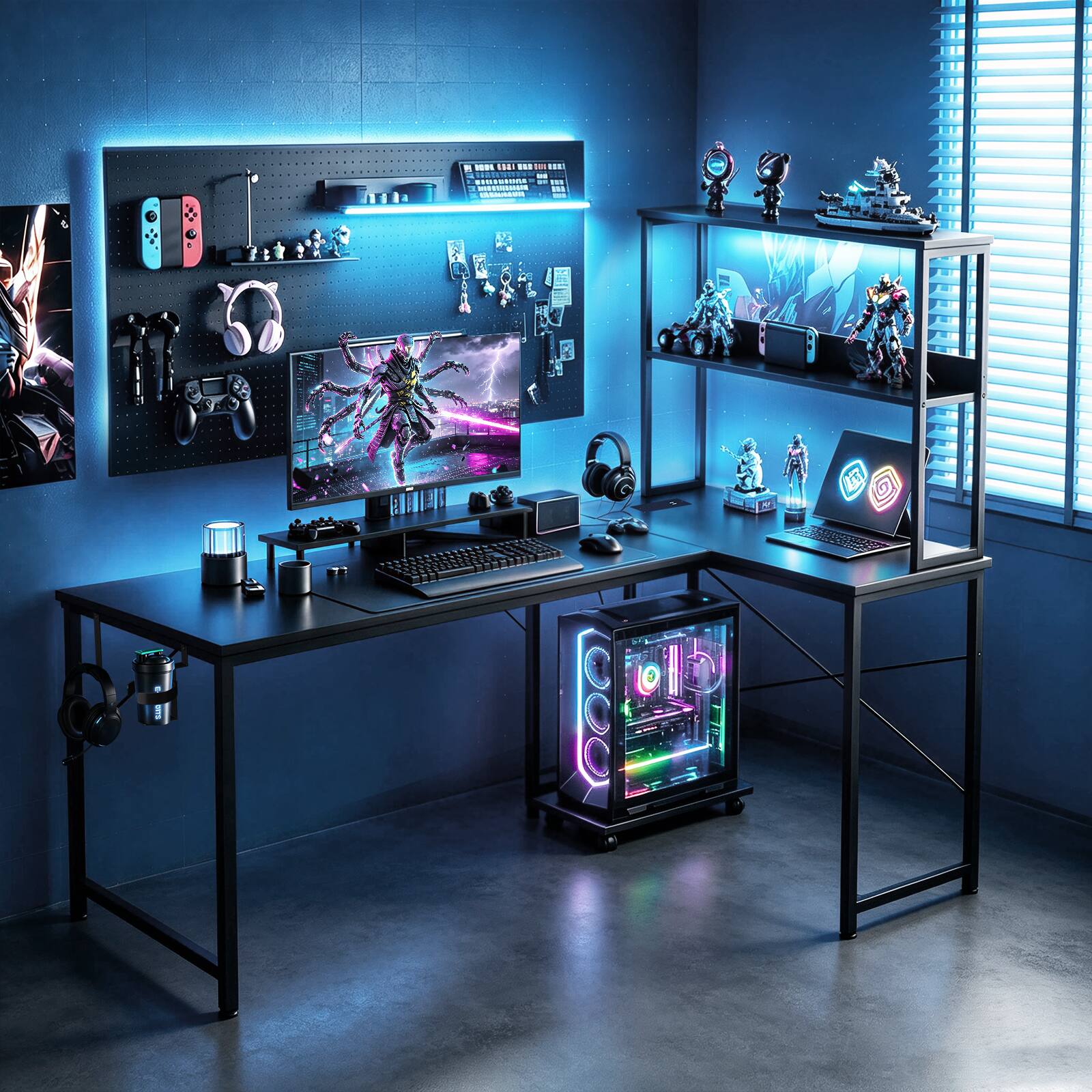 Alt View 4. GTPlayer - RGB Gaming Desk Reversible Computer Desk with LED Lights,Hooks and Cup Holder - Black-009.