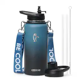 Coolflask - Insulated Water Bottle with Strap - Straw & Spout Lids - Keep Cold 48h - 32oz Blue