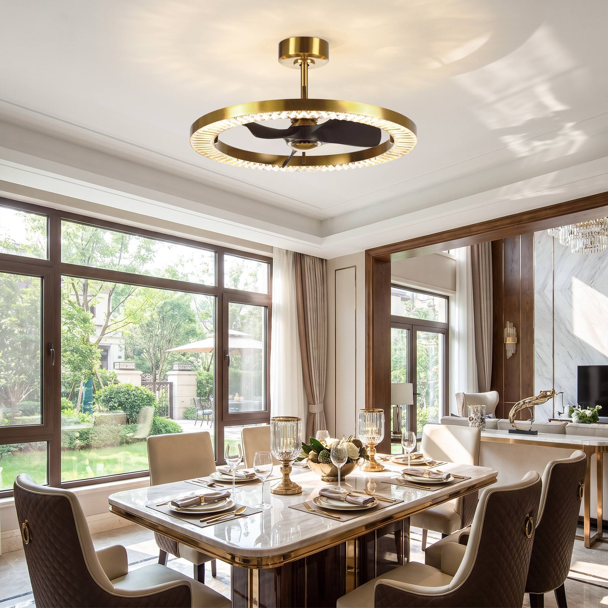 Left. Parrot Uncle - 32 Inch Crystal LED DC Motor Dimmable Ceiling Fan Caged Bladeless Fan with Remote and 6 Speeds - Gold.