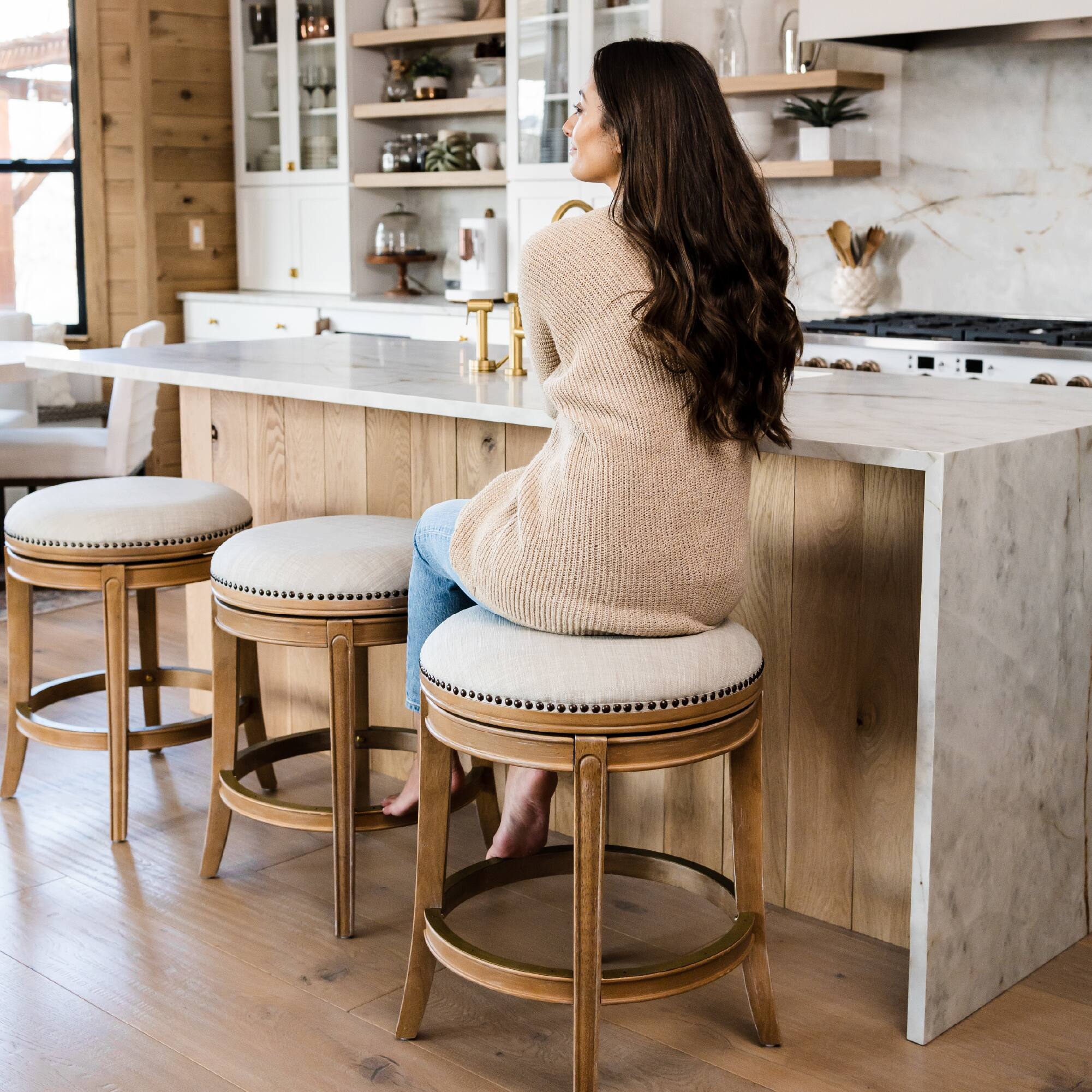 Alt View 1. Maven Lane - 30" Alexander Backless Bar Stool in Weathered Oak Finish with Fabric Upholstery - Weathered Oak.