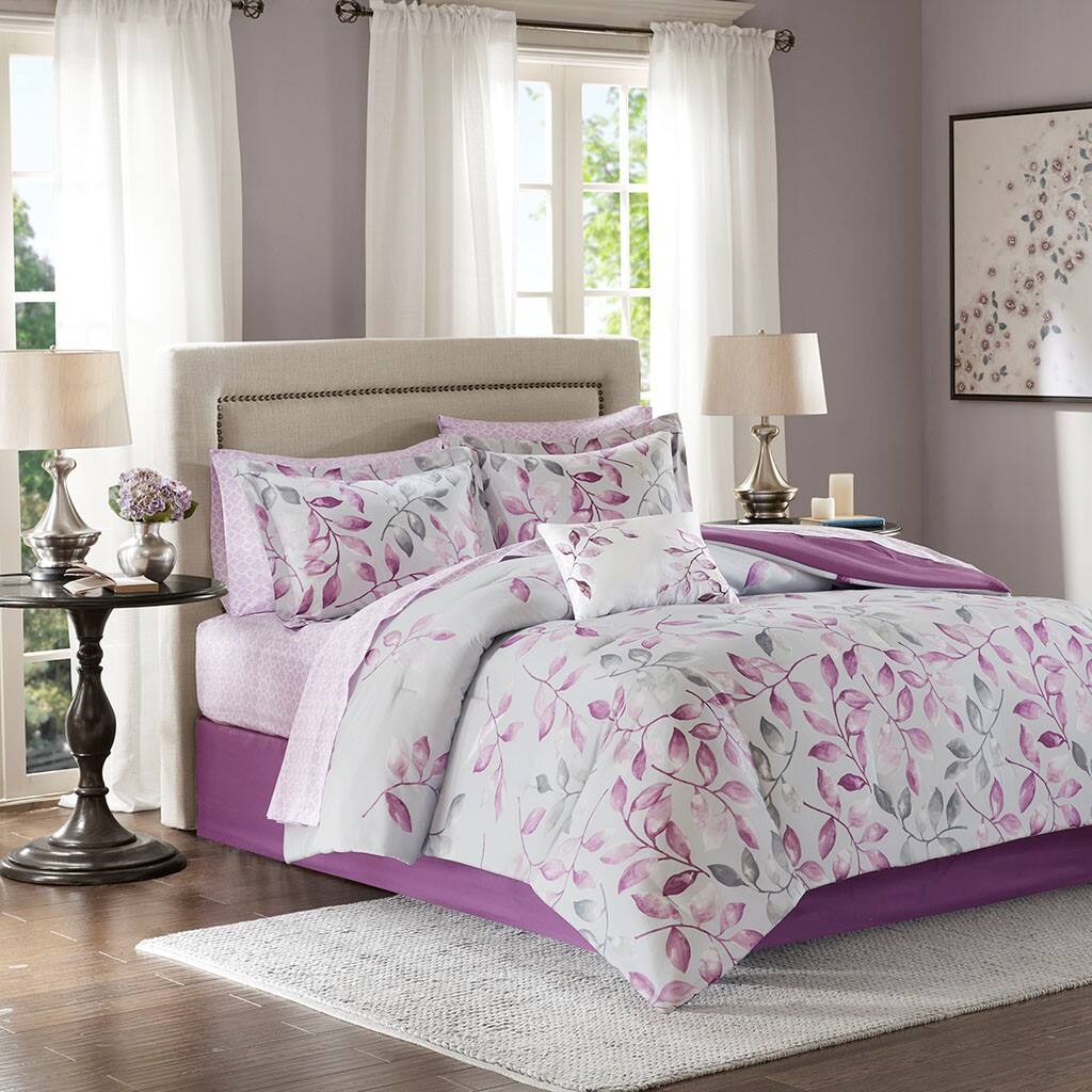 Alt View 4. Gracie Mills - Gracie Mills Amalia 9-Piece Floral Comforter Set with Coordinating Cotton Bed Sheets - Purple.