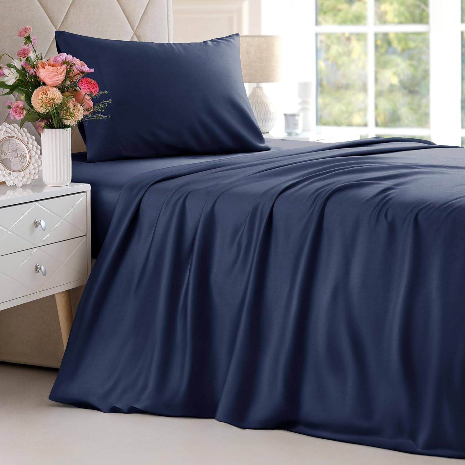 CGK Linens - 100% Rayon from Bamboo Cooling 4 Piece Sheet Set - Deep Pocket Soft Bed Sheets - Twin - Navy Blue