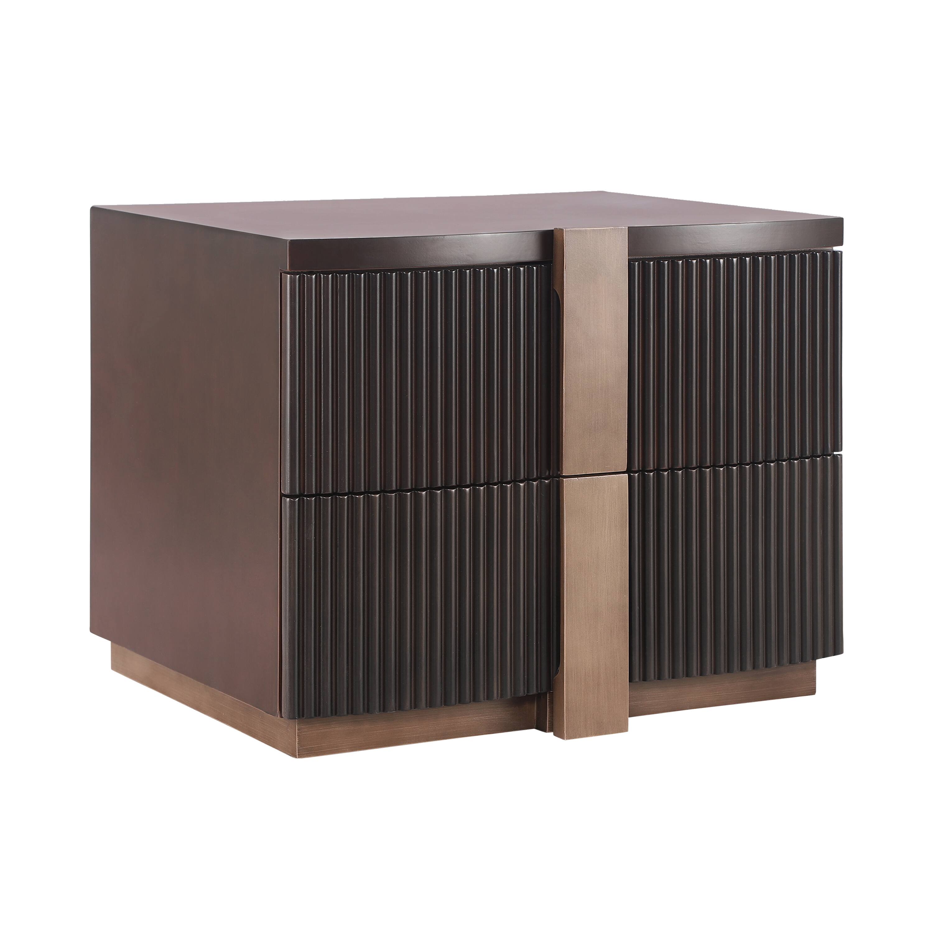 Angle. Whisen - 2-Drawer Fluted Nightstand,Fully Assembled Bedside Table with Heavy-Duty Base and Gold Pulls - Dark Brown.