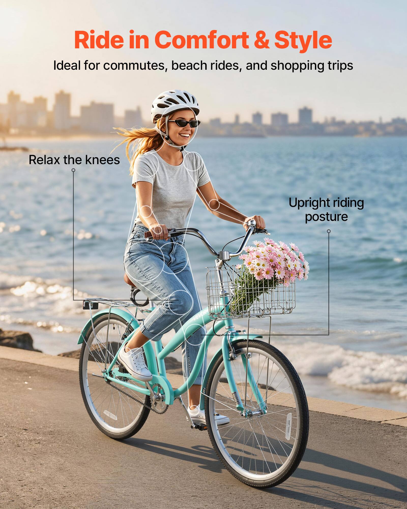 Ride in Comfort & Style  
Ideal for commutes, beach rides, and shopping trips  

Relax the knees  
Upright riding posture