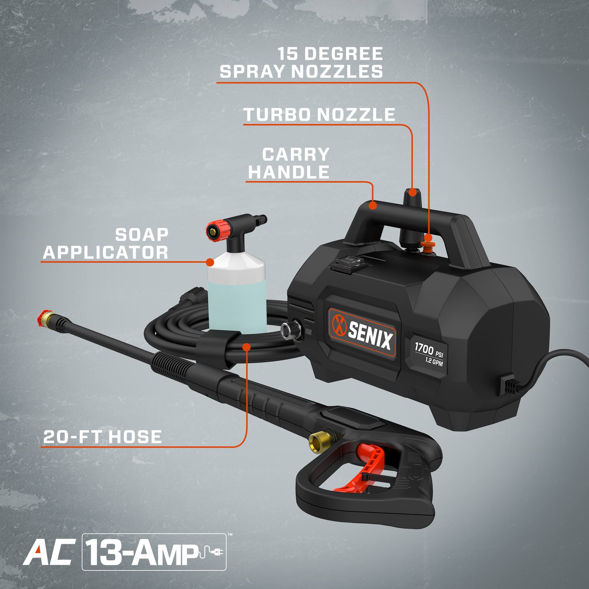 15 Degree Spray Nozzles  
Turbo Nozzle  
Carry Handle  
Soap Applicator  
Senix 1700 PSI 1.2 GPM  
20-ft Hose  
AC 13-Amp