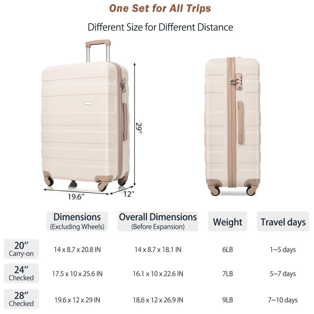 One Set for All Trips  
Different Size for Different Distance  

Dimensions (Excluding Wheels)  
20" Carry-on: 14 x 8.7 x 20.8 IN  
24" Checked: 17.5 x 10 x 25.6 IN  
28" Checked: 19.6 x 12 x 29 IN  

Overall Dimensions (Before Expansion)  
20" Carry-on: 14 x 8.7 x 18.1 IN  
24" Checked: 16.1 x 10 x 22.6 IN  
28" Checked: 18.6 x 12 x 26.9 IN  

Weight  
20" Carry-on: 6LB  
24" Checked: 7LB  
28" Checked: 9LB  

Travel days  
20" Carry-on: 1~5 days  
24" Checked: 5~7 days  
28" Checked: 7~10 days