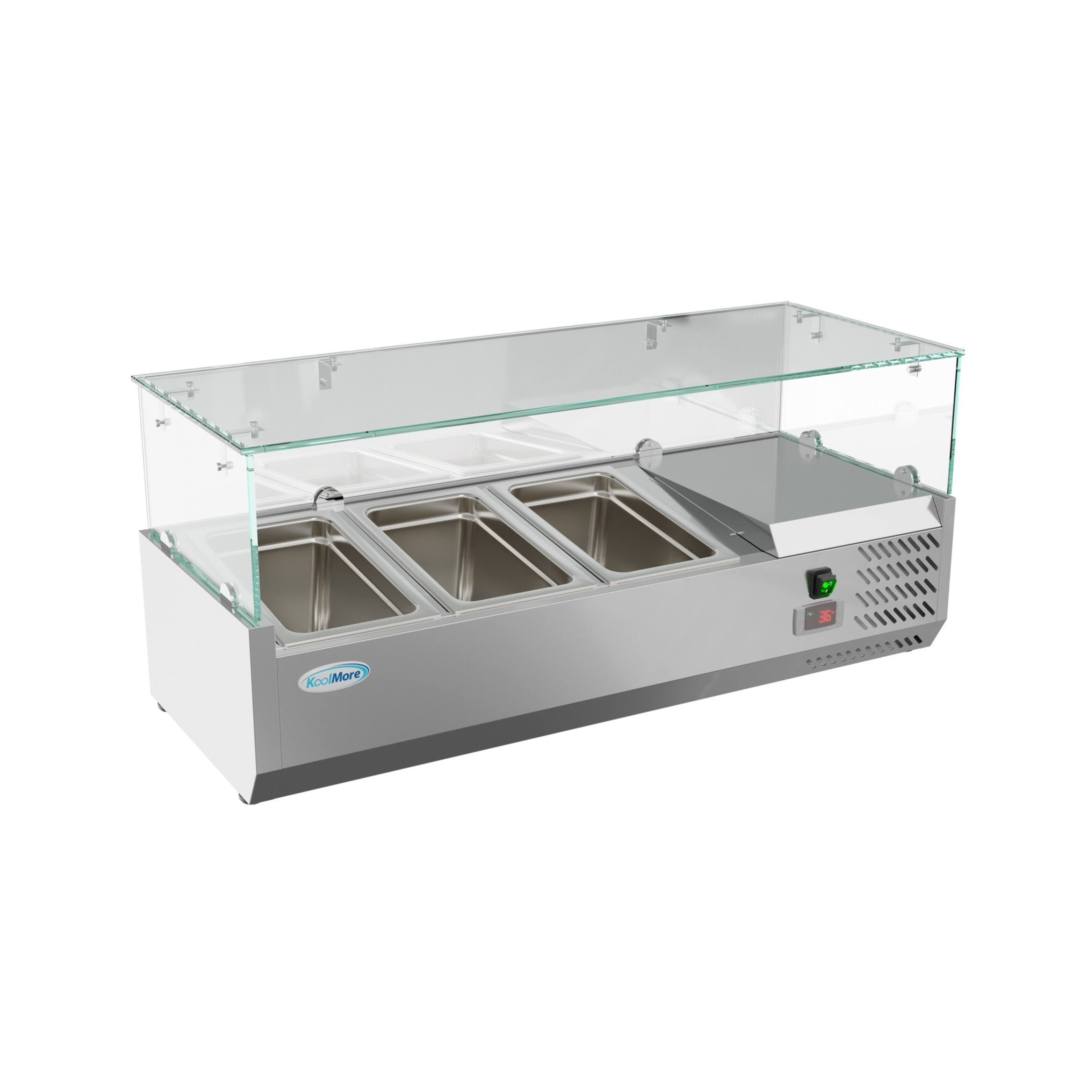 Angle. Koolmore - 40 in. Three Pan Refrigerated Countertop Condiment Prep Station - SCDC-3P-SSL - Stainless-Steel.