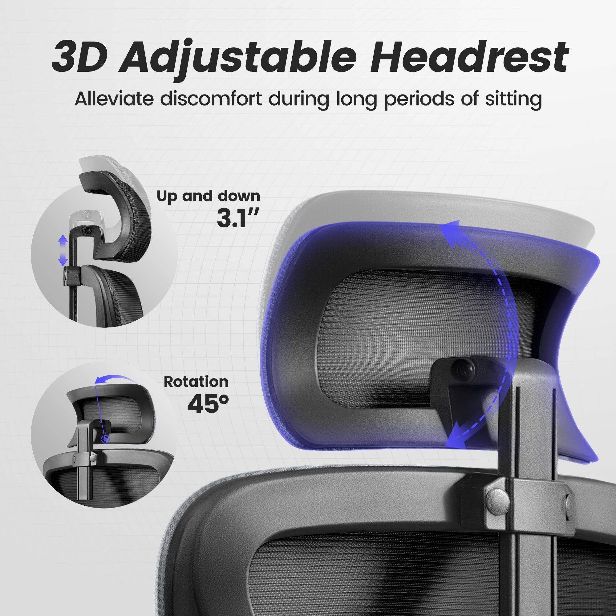 3D Adjustable Headrest  
Alleviate discomfort during long periods of sitting  

Up and down 3.1"  
Rotation 45°