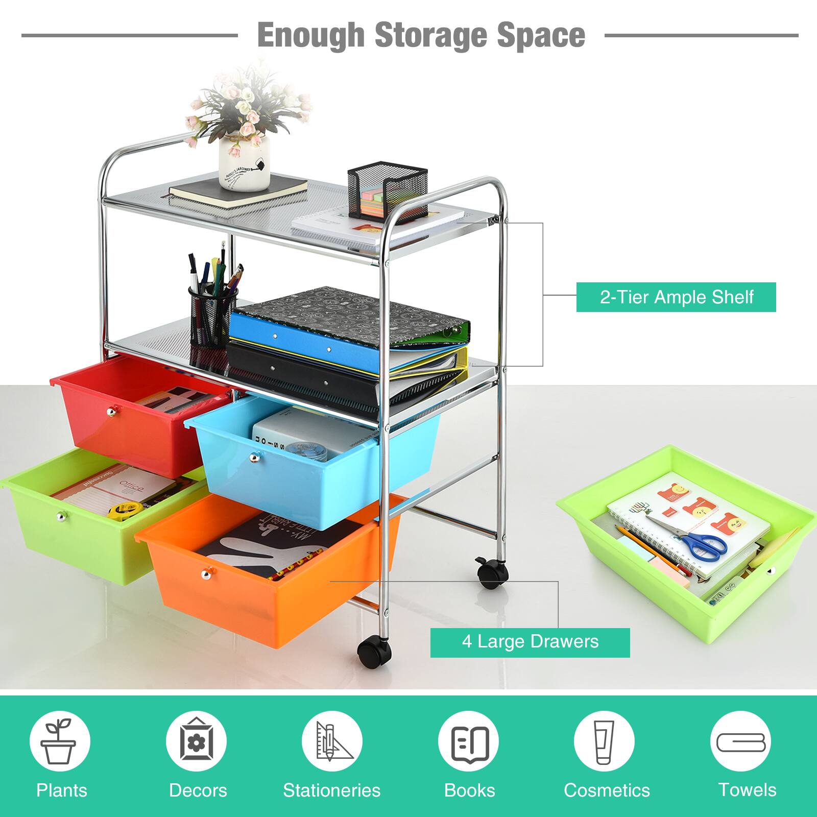 Enough Storage Space 2-Tier Ample Shelf   A - OF 4 Large Drawers Plants Decors Stationeries Books Cosmetics Towels
