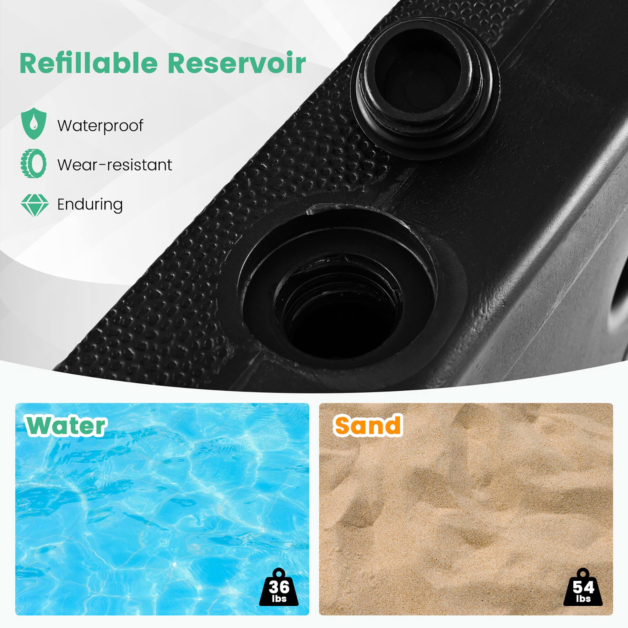 Refillable Reservoir  
Waterproof  
Wear-resistant  
Enduring  

Water  
36 lbs  

Sand  
54 lbs