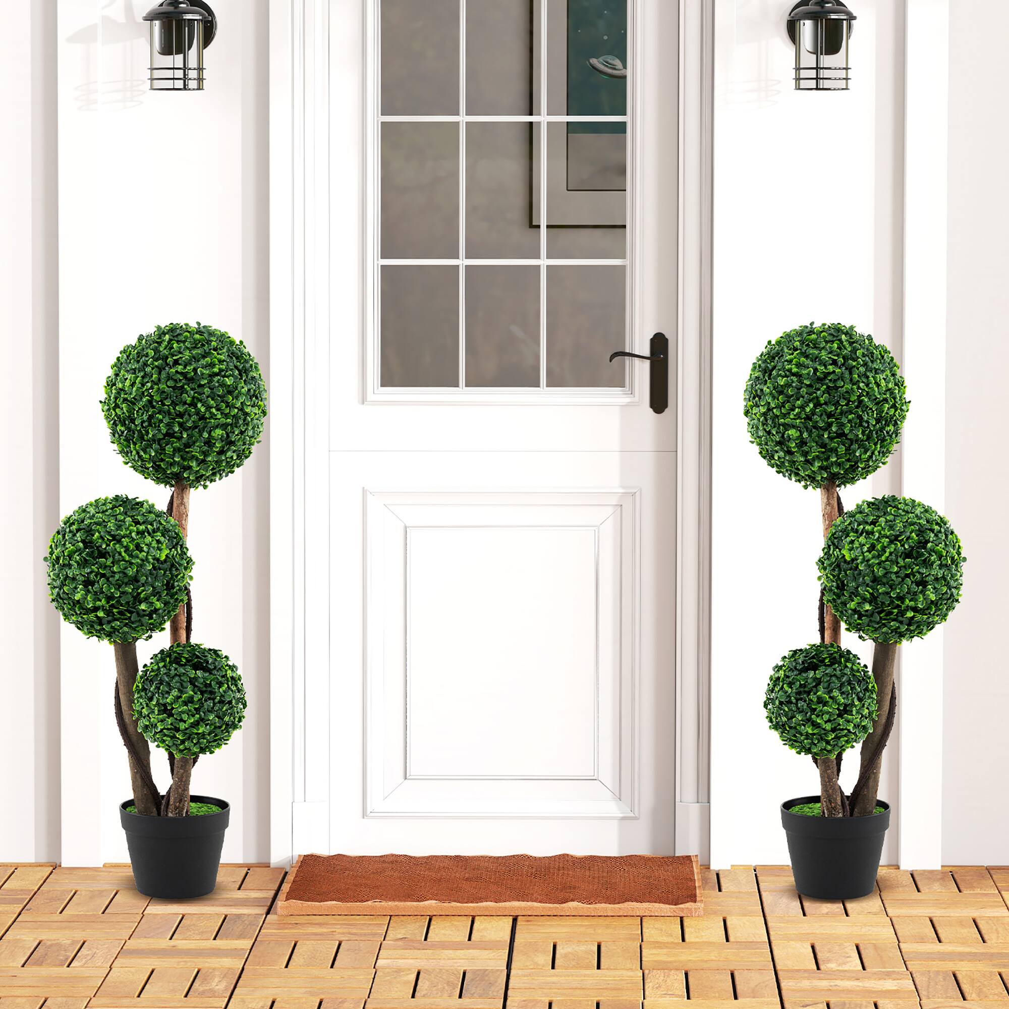 Alt View 4. Gymax - Gymax 36'' Faux Potted Plant w/3 Topiary Balls Solid Wood Trunks Mimic Rattans & Moss - Green.