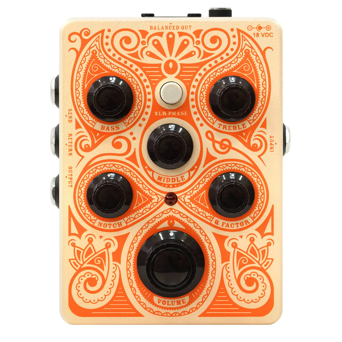 BALANCED OUT  
18 VDC  
SEND RETURN  
XLR PHASE  
BASS  
MIDDLE  
TREBLE  
INPUT  
NOTCH  
Q FACTOR  
VOLUME