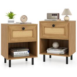 Costway - Rattan Nightstand Boho End Table with Drawer & Open Shelf for Living Room - Natural