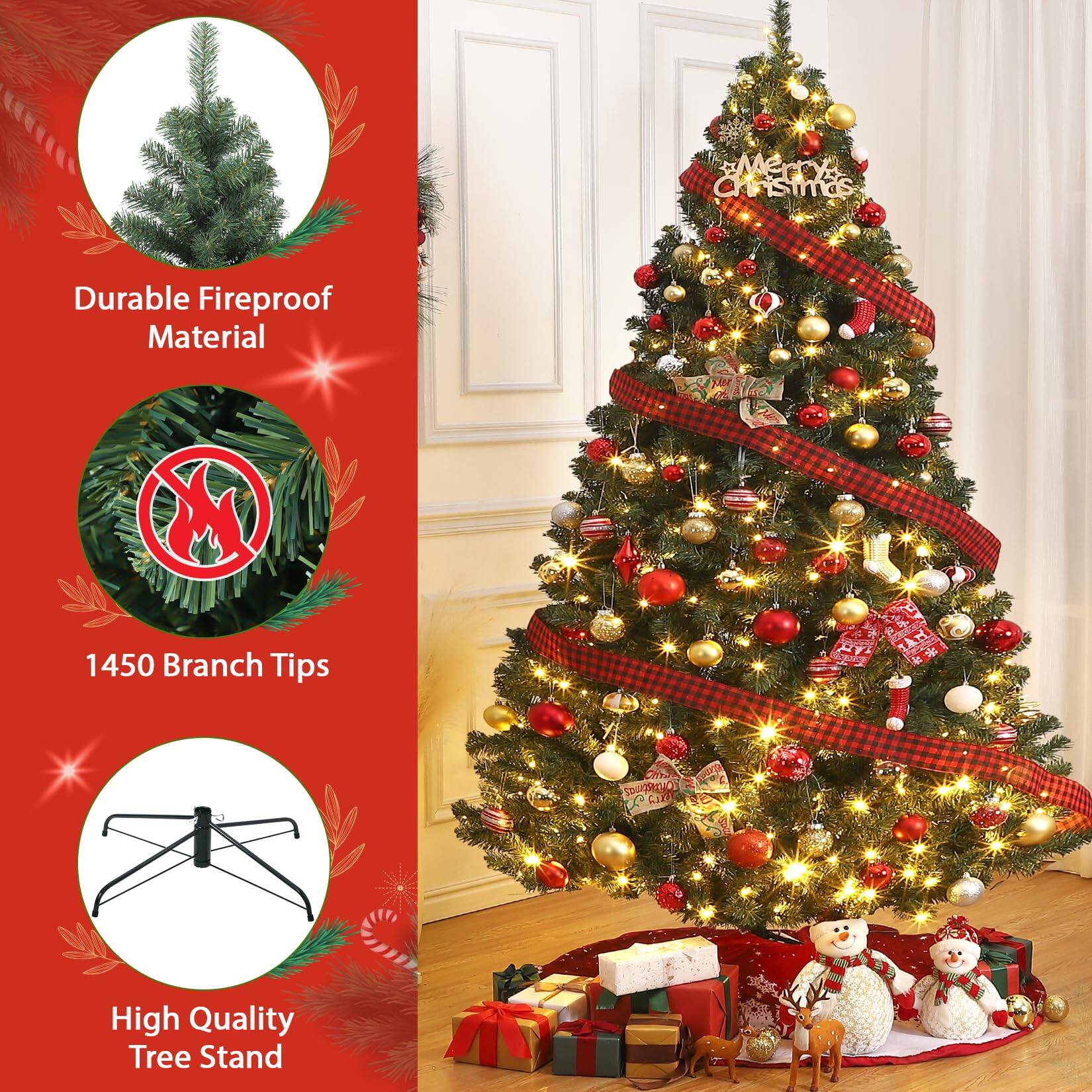 Merry Christmas

Durable Fireproof Material

1450 Branch Tips

High Quality Tree Stand