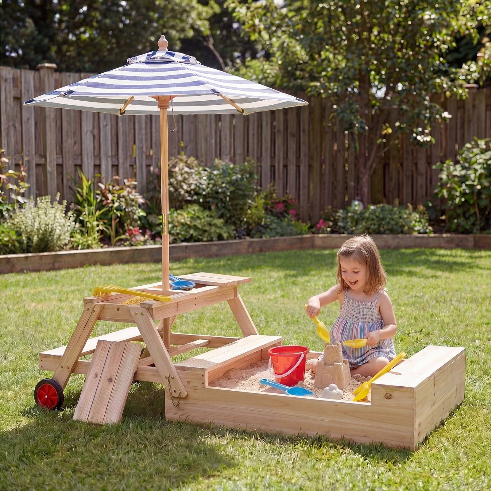 Alt View 1. Gymax - Gymax 3-in-1 Wooden Sandbox w/Foldable Umbrella Convertible Picnic Table Benches - Blue.
