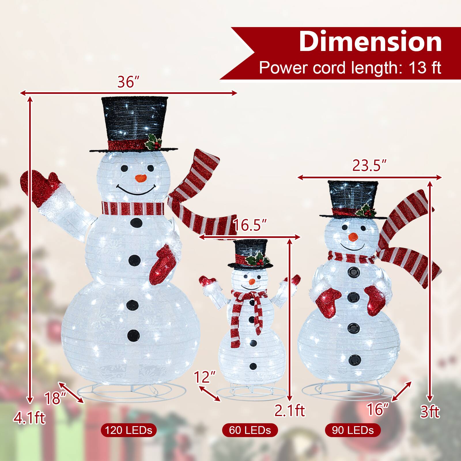Dimension  
Power cord length: 13 ft  

36"  
23.5"  
16.5"  
18"  
4.1ft  
12"  
2.1ft  
16"  
3ft  

120 LEDs  
60 LEDs  
90 LEDs