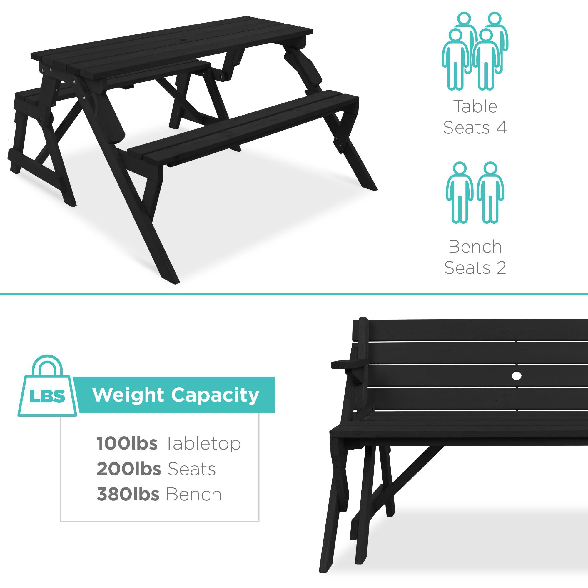 Table Seats 4  
Bench Seats 2  

Weight Capacity  
100lbs Tabletop  
200lbs Seats  
380lbs Bench