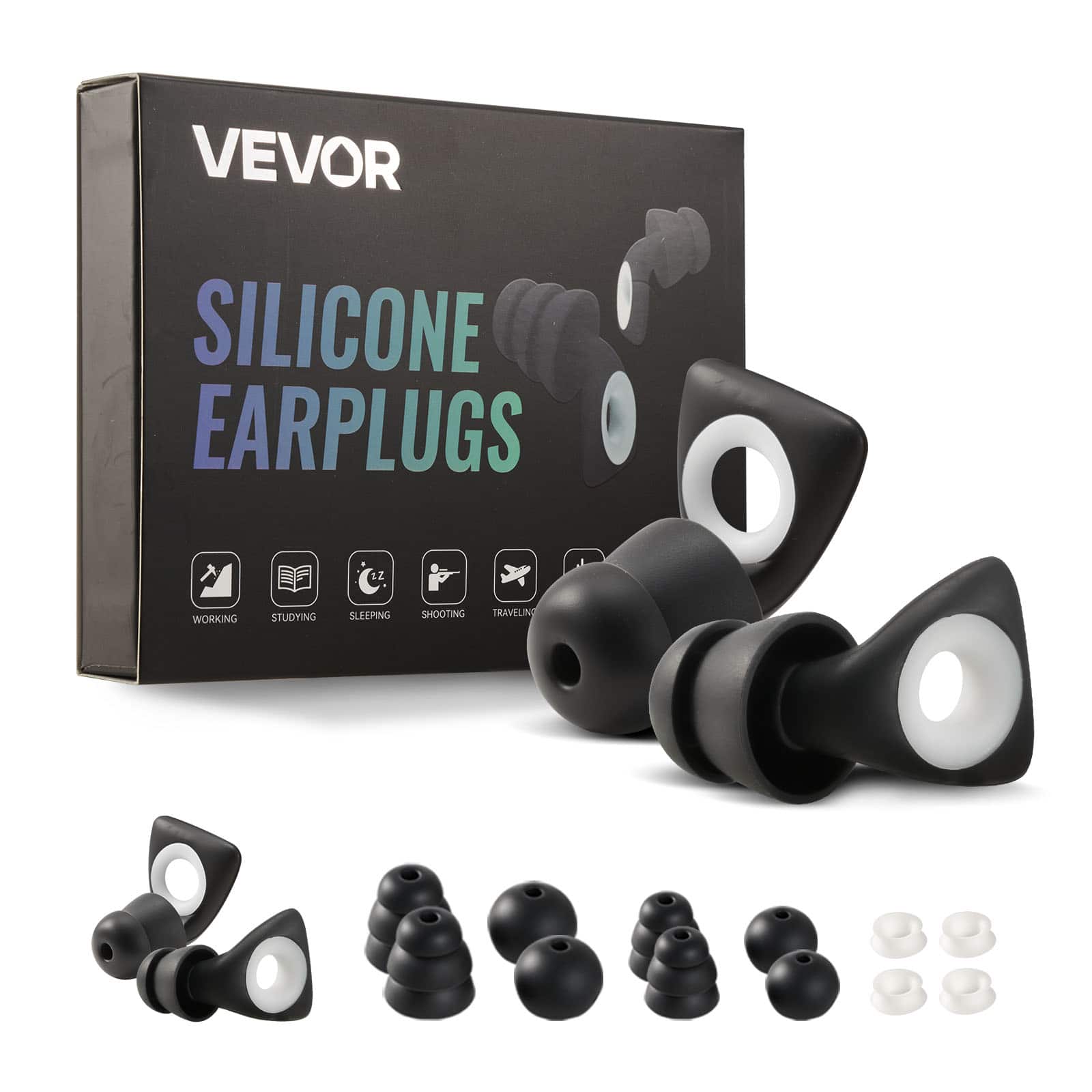 VEVOR  
SILICONE EARPLUGS  

WORKING  
STUDYING  
SLEEPING  
SHOOTING  
TRAVELING