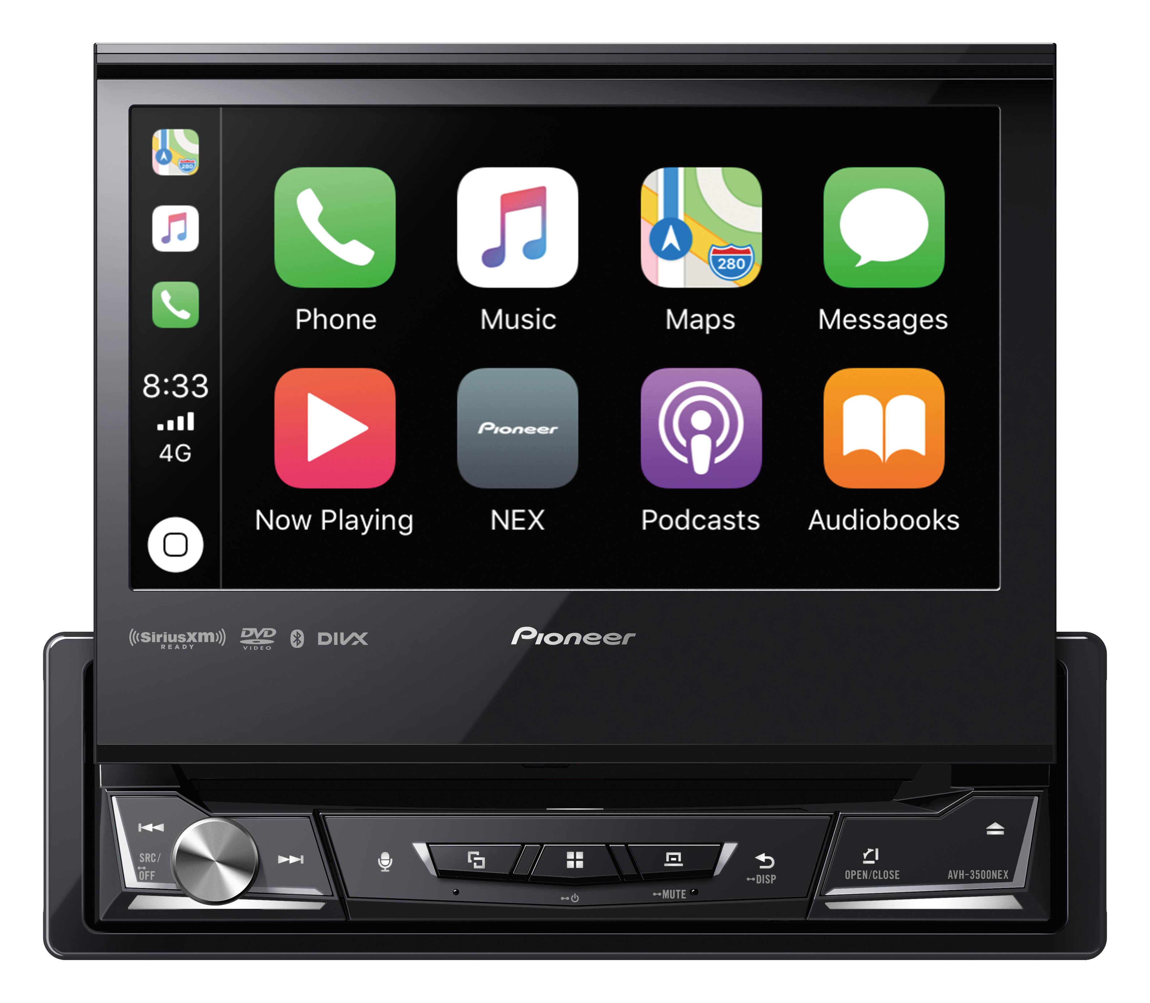 A 280 Phone Music Maps Messages 8:33 4G Pioneer Now Playing NEX Podcasts Audiobooks (SiriusXM) DVD *AD ID.O % DIVX Pioneer SNC OFF MUTE DISP OPEN/CLOSE AVH-3500NEX