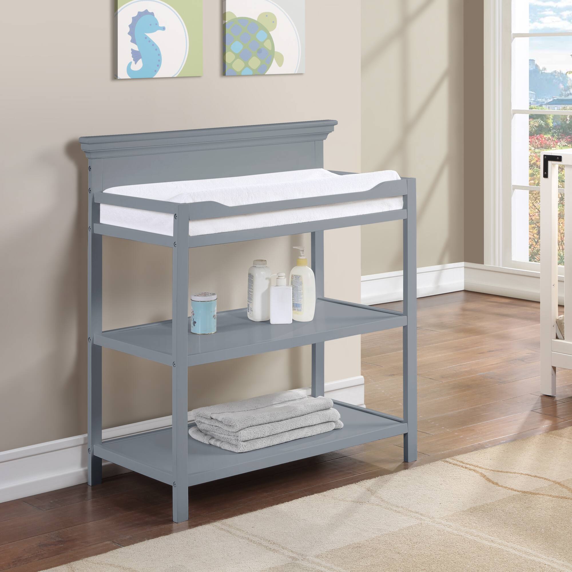 Front. GOODSILO - Versatile Baby Changing Table with Safety Rails and Dual Storage Shelves in Classic Gray Finish for Modern Nurseries - Gray.