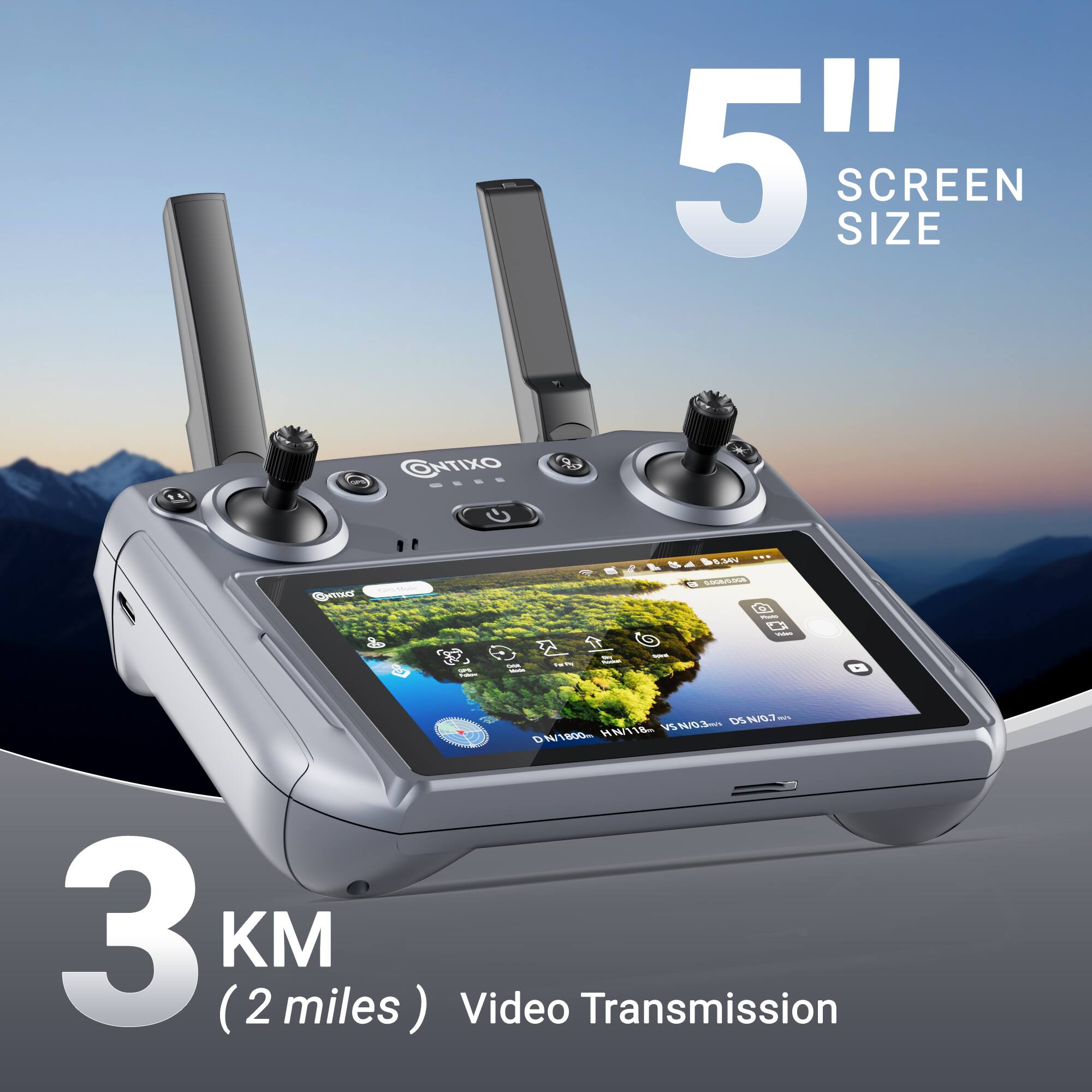 5" Screen Size

3 KM (2 miles) Video Transmission