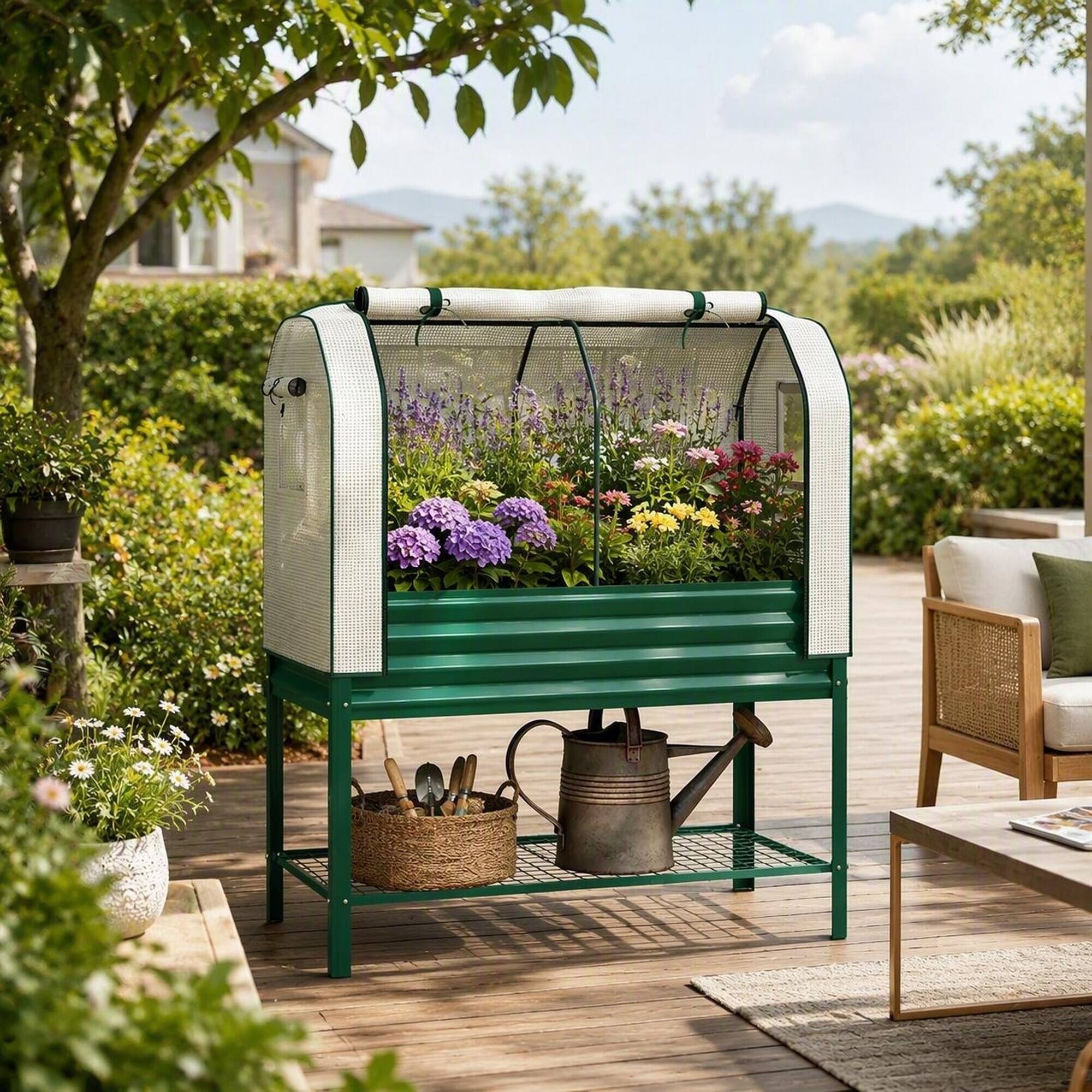 Left. RYHNUYNE - Raised Garden Bed with Greenhouse Cover, Galvanized Metal Planter Box on Legs with Mesh Shelf, 44 Gallon Outdoor - Green.