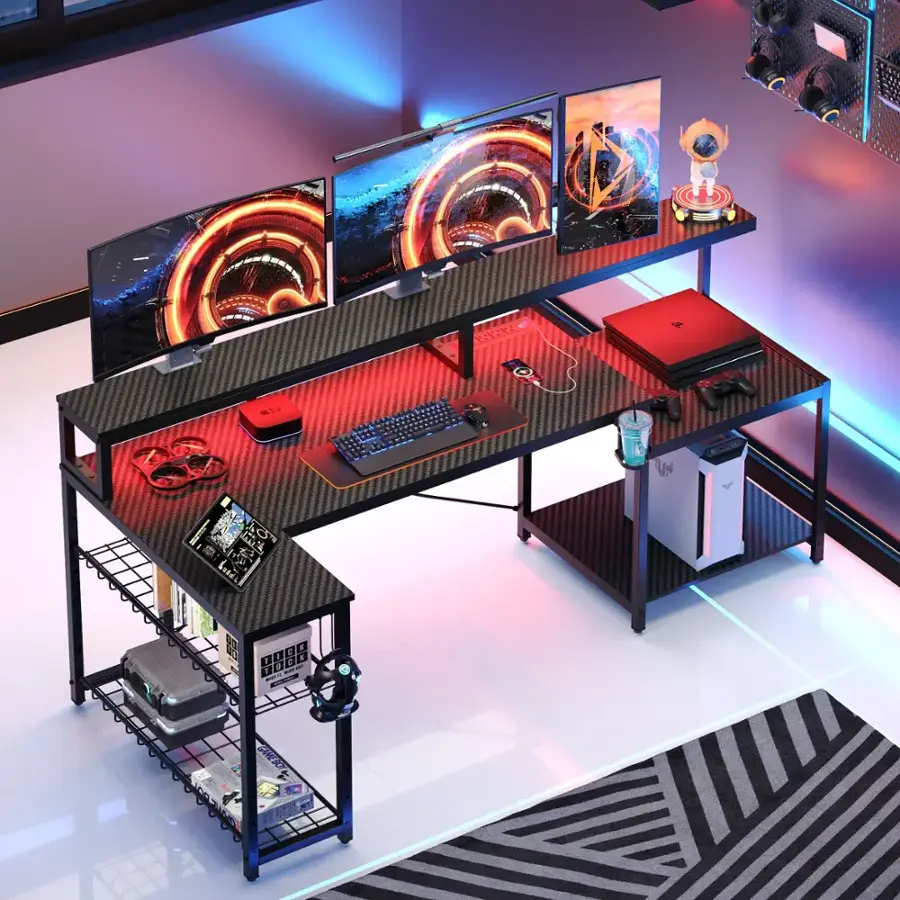 I'm sorry, but the text you provided does not make any sense. It does not appear to be related to the image of the computer desk with multiple monitors. Can you please provide a more relevant text or clarify your request?