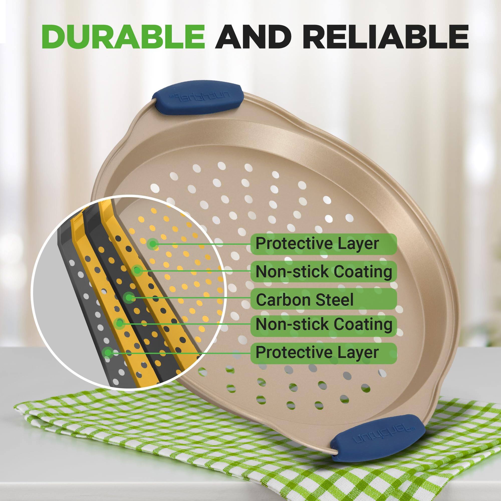 DURABLE AND RELIABLE

Protective Layer  
Non-stick Coating  
Carbon Steel  
Non-stick Coating  
Protective Layer