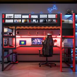 Anysun - Full Size Wood Loft Bed with Desk,Side storage rack,Multi-storage Shelves and RGB Light - Red