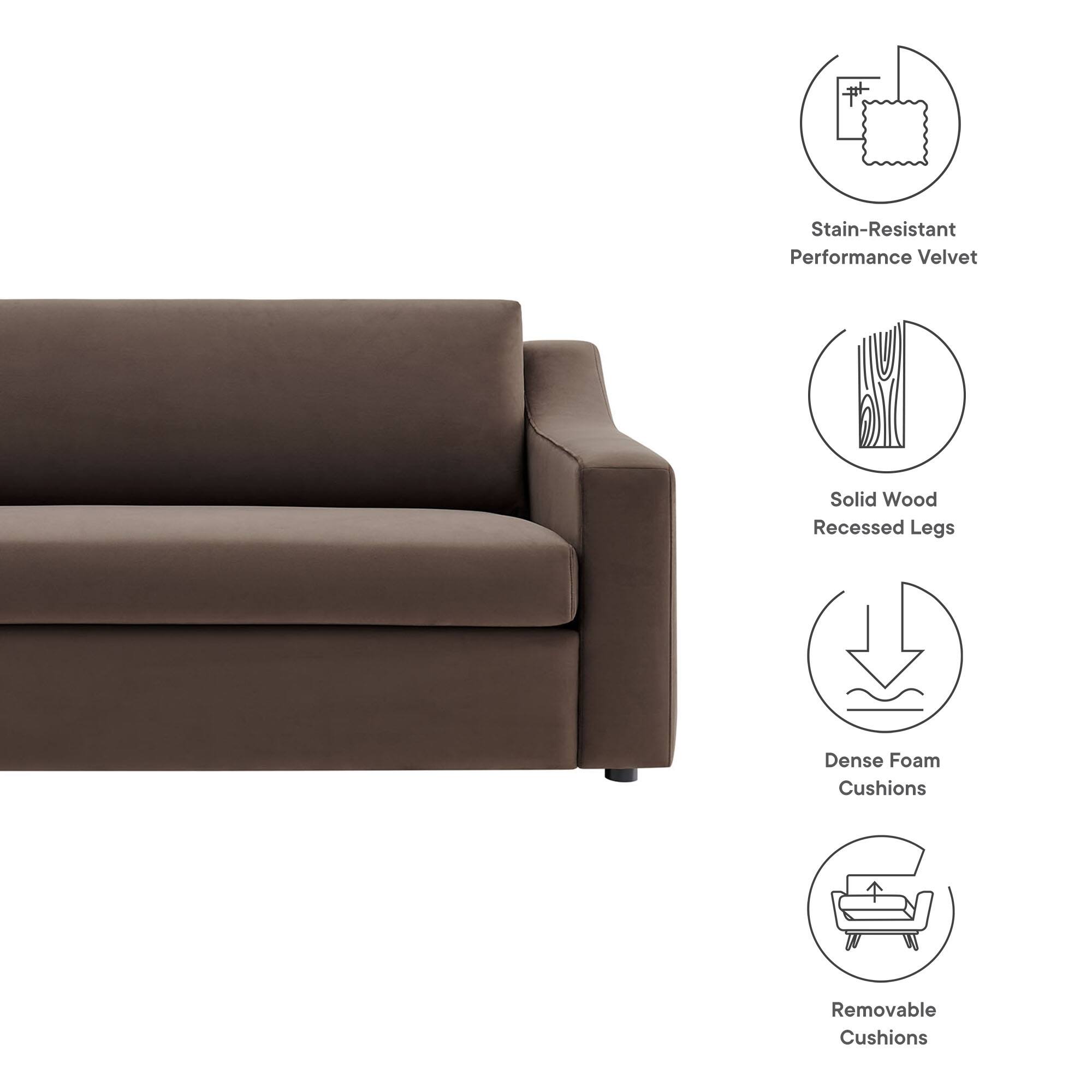 - Stain-Resistant Performance Velvet
- Solid Wood Recessed Legs
- Dense Foam Cushions
- Removable Cushions