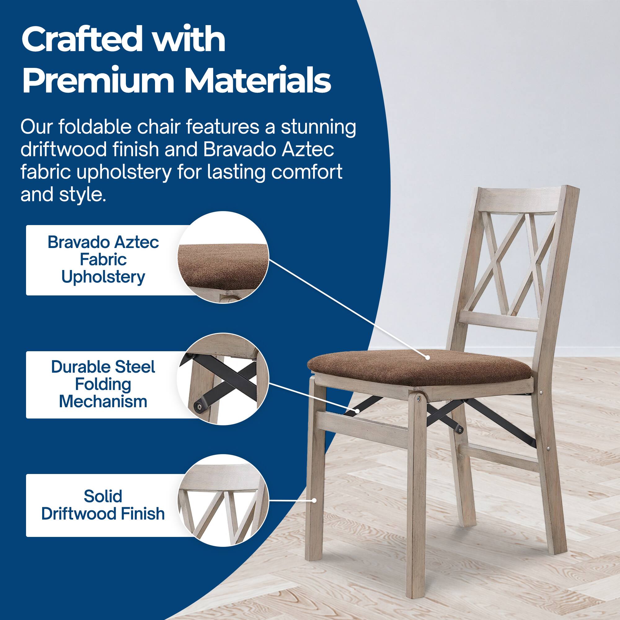 Crafted with Premium Materials

Our foldable chair features a stunning driftwood finish and Bravado Aztec fabric upholstery for lasting comfort and style.

- Bravado Aztec Fabric Upholstery
- Durable Steel Folding Mechanism
- Solid Driftwood Finish