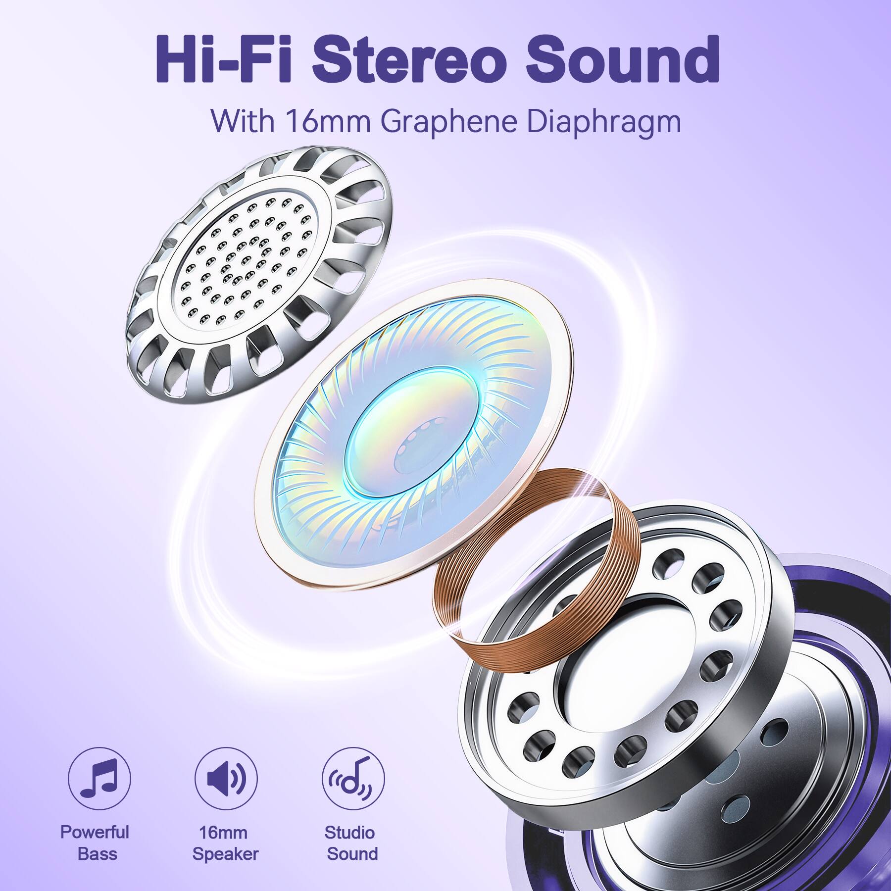 Hi-Fi Stereo Sound With 16mm Graphene Diaphragm  
Powerful Bass  
16mm Speaker  
Studio Sound