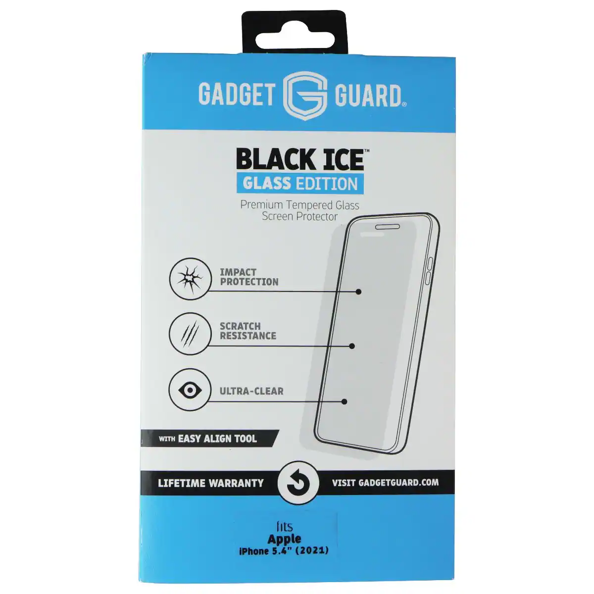 GADGET GUARD. BLACK ICE GLASS EDITION Premium Tempered Glass Screen Protector IMPACT PROTECTION SCRATCH RESISTANCE ULTRA-CLEAR WITH EASY ALIGN TOOL LIFETIME WARRANTY VISIT GADGETGUARD.COM fits Apple iPhone 5.4" (2021)