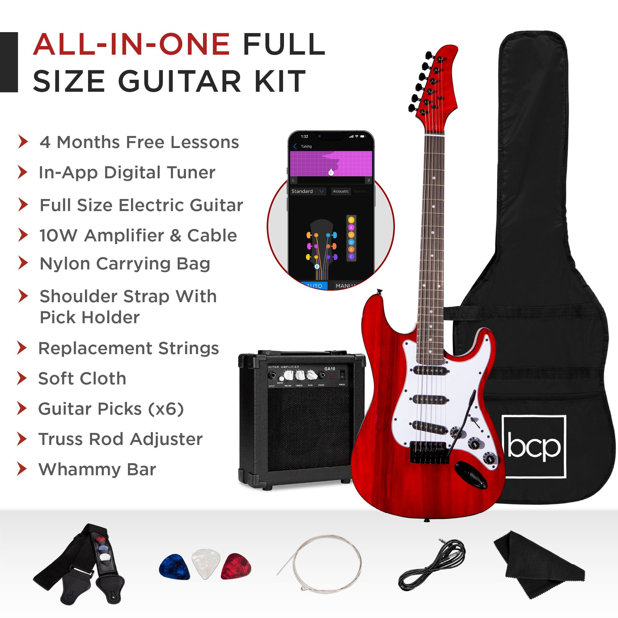 ALL-IN-ONE FULL SIZE GUITAR KIT

- 4 Months Free Lessons
- In-App Digital Tuner
- Full Size Electric Guitar
- 10W Amplifier & Cable
- Nylon Carrying Bag
- Shoulder Strap With Pick Holder
- Replacement Strings
- Soft Cloth
- Guitar Picks (x6)
- Truss Rod Adjuster
- Whammy Bar