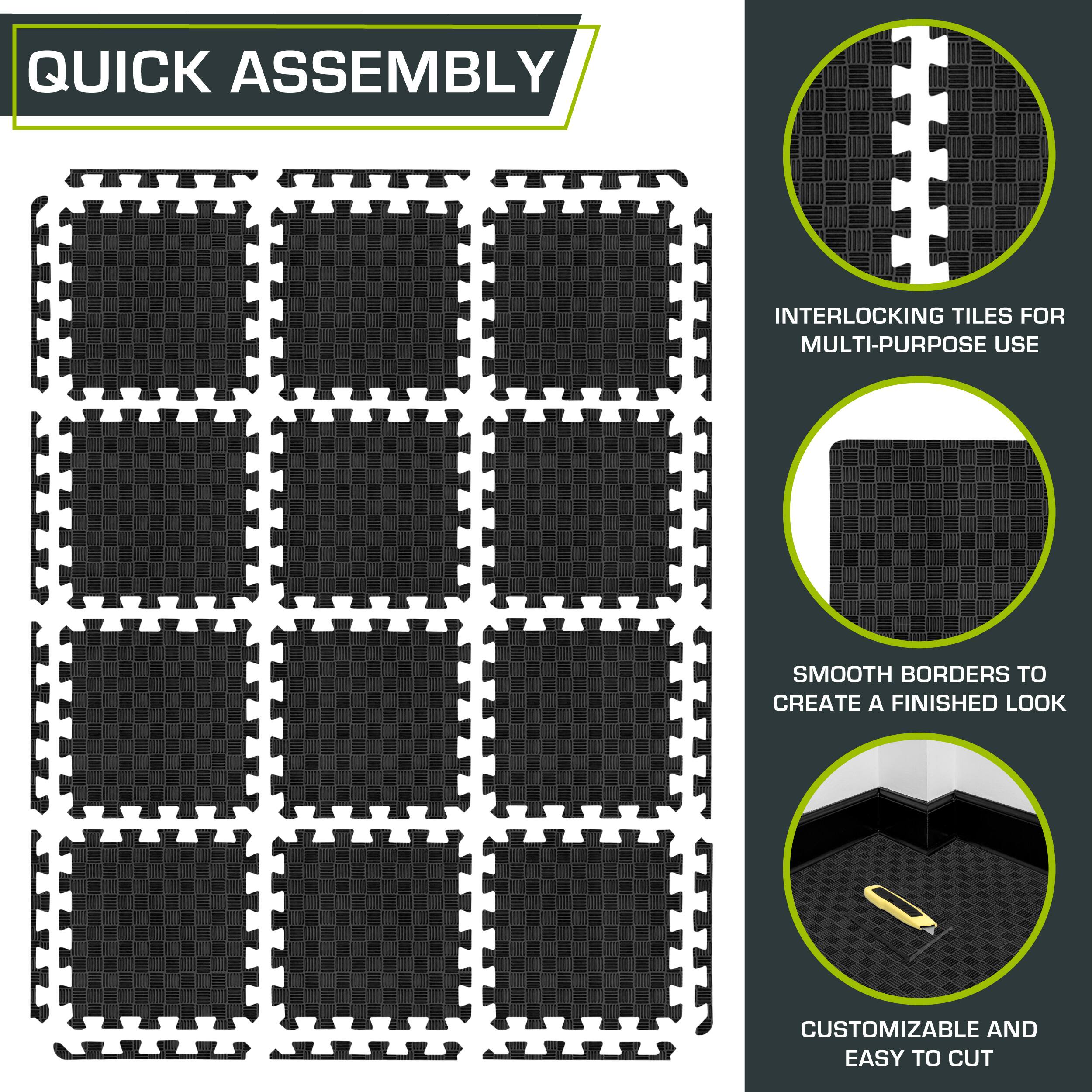 Quick Assembly Interlocking Tiles for Multi-Purpose Use. Create Smooth Borders to Create a Finished Look. Customizable and Easy to Cut.