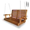 Front. Fortune Candy - Wooden Porch Swing 2-Seater, High Backrest and Deep Seat, Bench Swing with Cupholders, for Outdoor Patio Garden - Teak Tone.