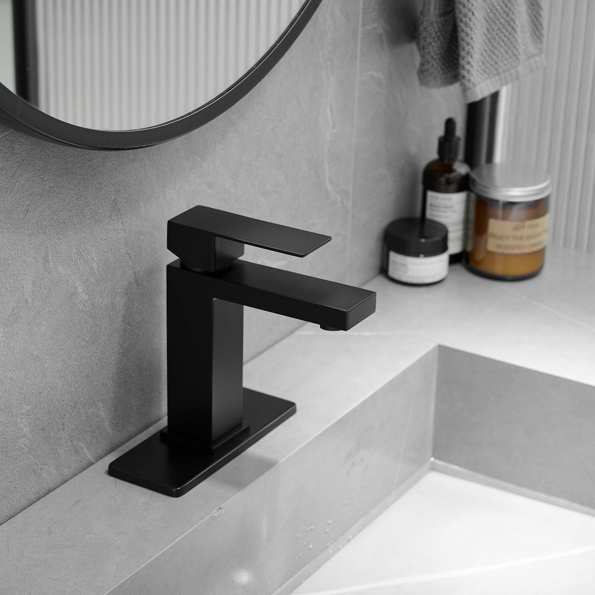 Alt View 3. Boyel Living - Single Handle Single Hole Bathroom Faucet Matte Black with Deck Plate Pop Up Drain and Water Supply Hoses - Matte Black.