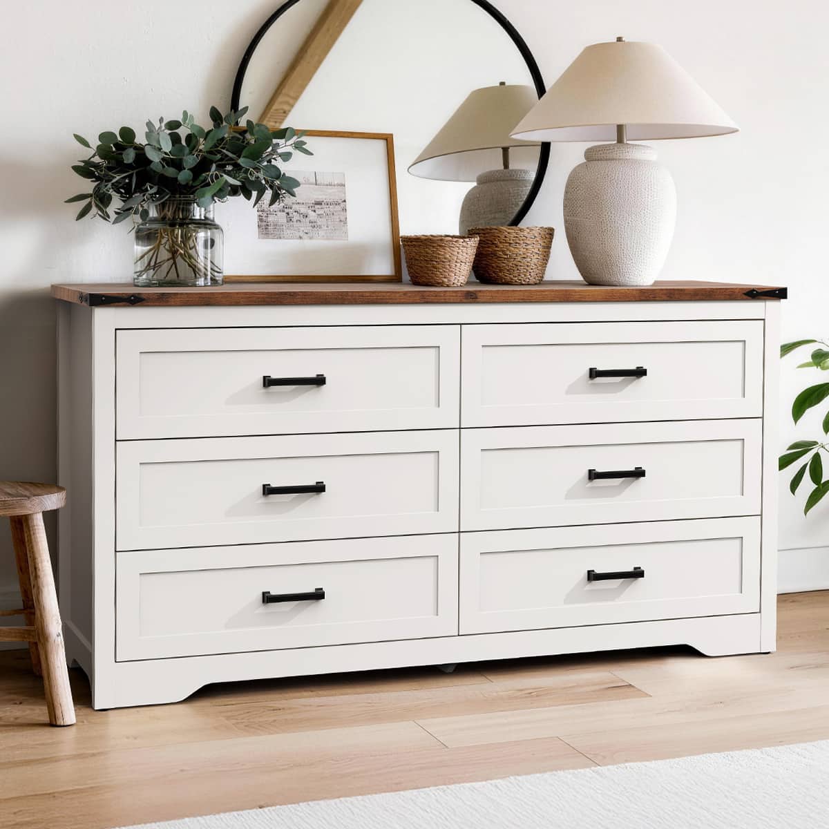 Koligey - 6-Drawer Dresser 54"W Double Dresser With Rustic Top Panel - White