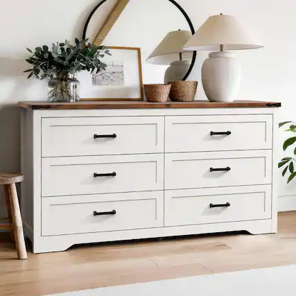 Front. Koligey - 6-Drawer Dresser 54"W Double Dresser With Rustic Top Panel - white.
