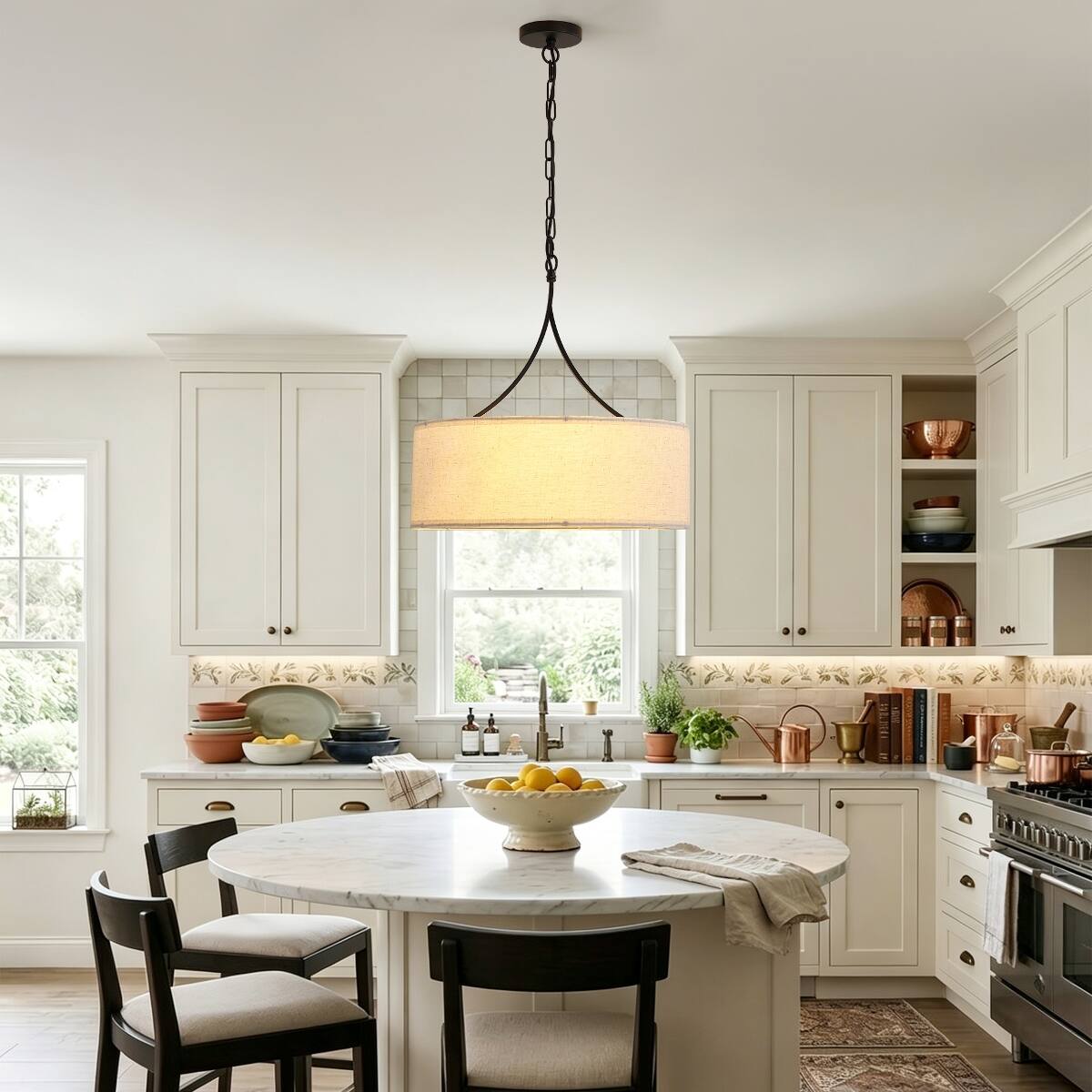 Back. Loheer - Loheer Three Light Fabric Drum Pendant Light Matte Black Adjustable Dining Room Chandelier.