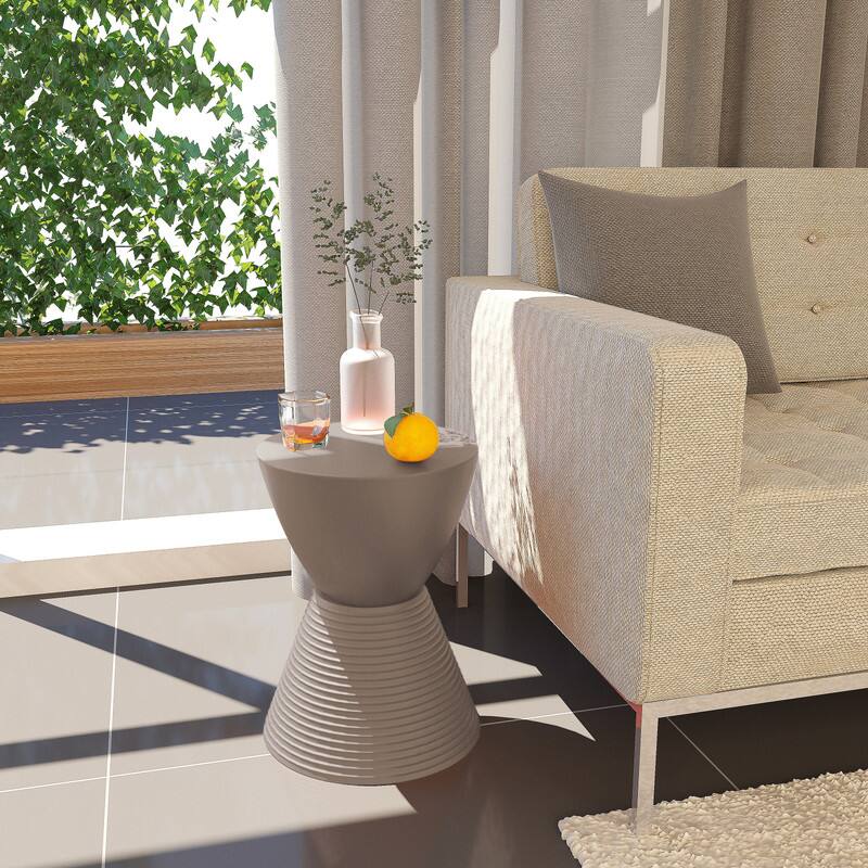 Alt View 2. LeisureMod - Boyd Modern Round Hourglass Accent Side Table, Drum Storage Table with Ribbed Base for Indoor/Outdoor - Taupe.
